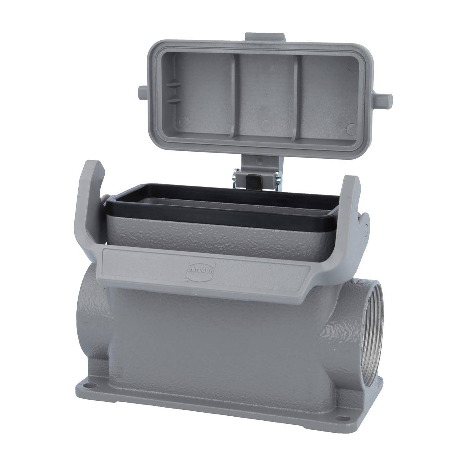 Industriegraues Gehäuse mit offenem Deckel und seitlichen Montageflansche, konzipiert für elektrische oder mechanische Einbauanwendungen.