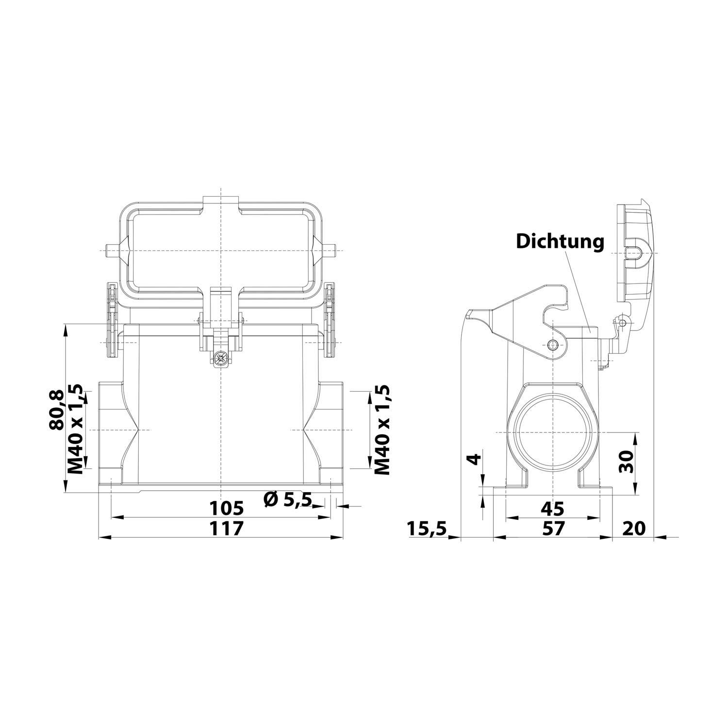 05300160278 HARTING Han 16B Sockelgehäuse hoch, 2xM40 seitlicher Kabelabgang, mit 1 Längsbügel mit Schutzkappe