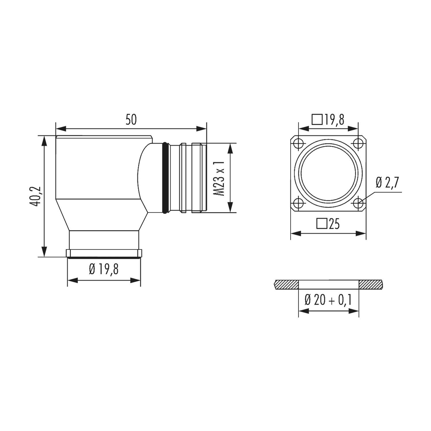 Technische Zeichnung einer Rohrverschraubung mit beschrifteten Maßen. Seitenansicht zeigt 50 mm Länge, 40,2 mm Höhe. Frontansicht zeigt kreisförmige Öffnung mit 19,8 mm Durchmesser.