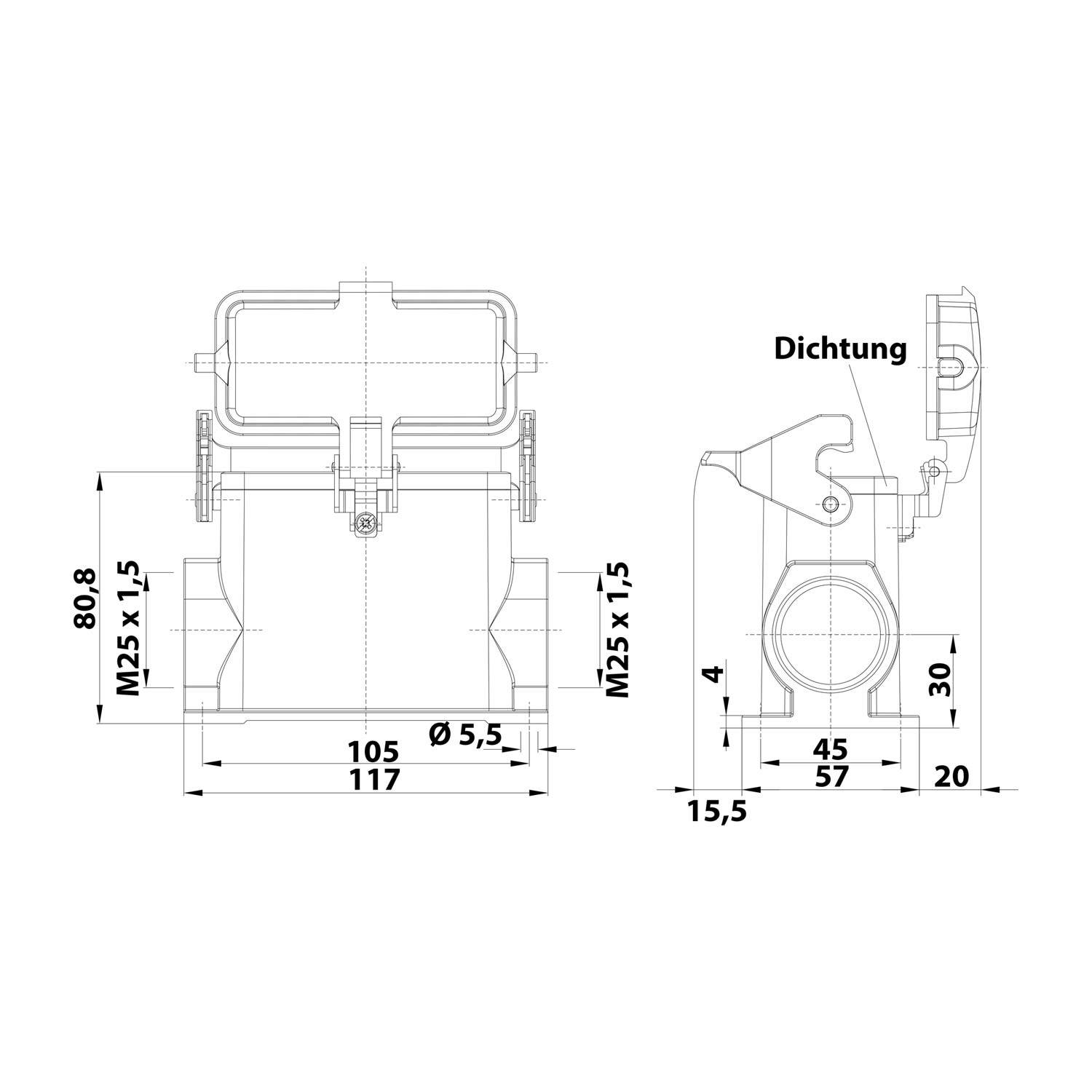 Technische Zeichnung einer Rohrverschraubung mit Abmessungen. Zeigt Seiten- und Draufsicht, beschriftete Maße und Notation für eine Dichtung.