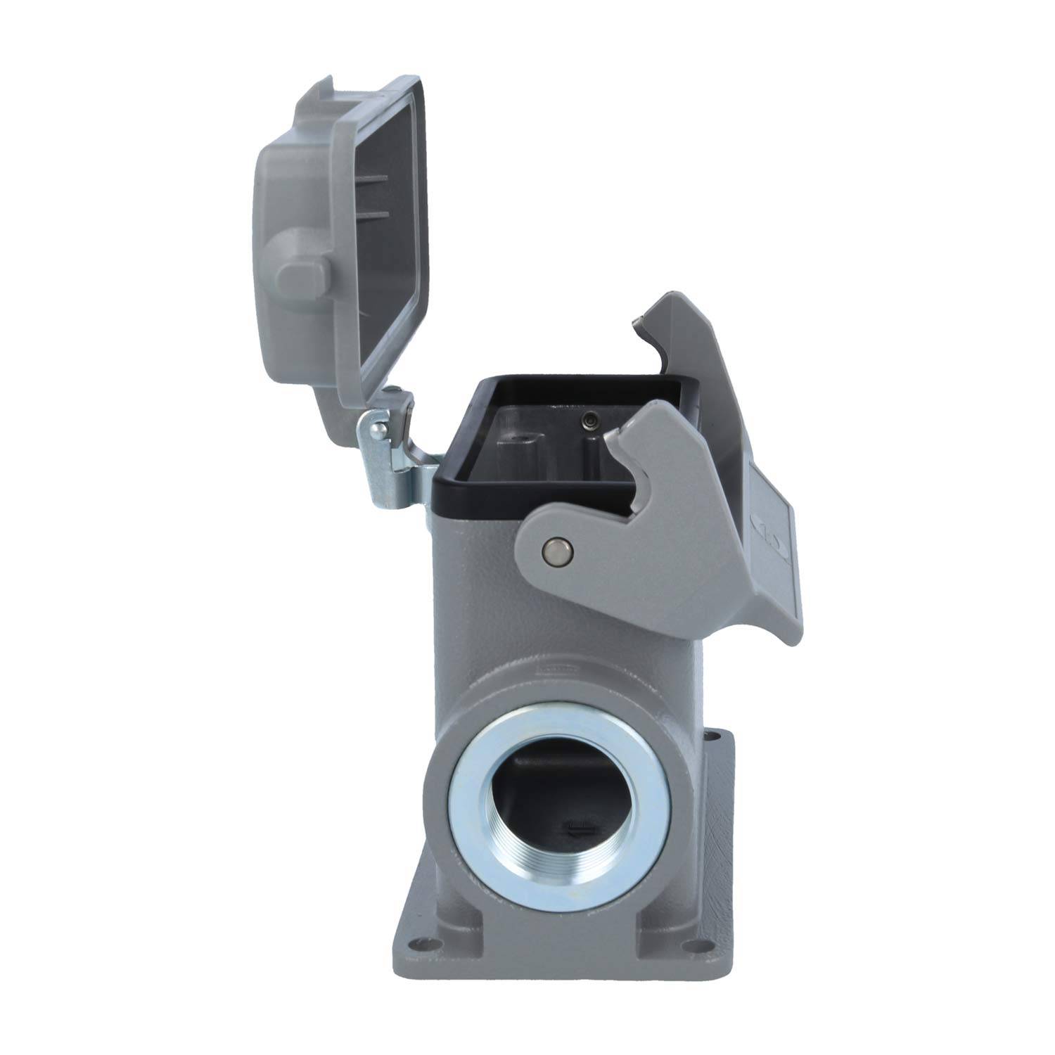 Eine graue Metalldosenkabinett mit einem klappbaren Deckel ist geöffnet und zeigt die inneren Komponenten. Es ist auf einer flachen Basis montiert.