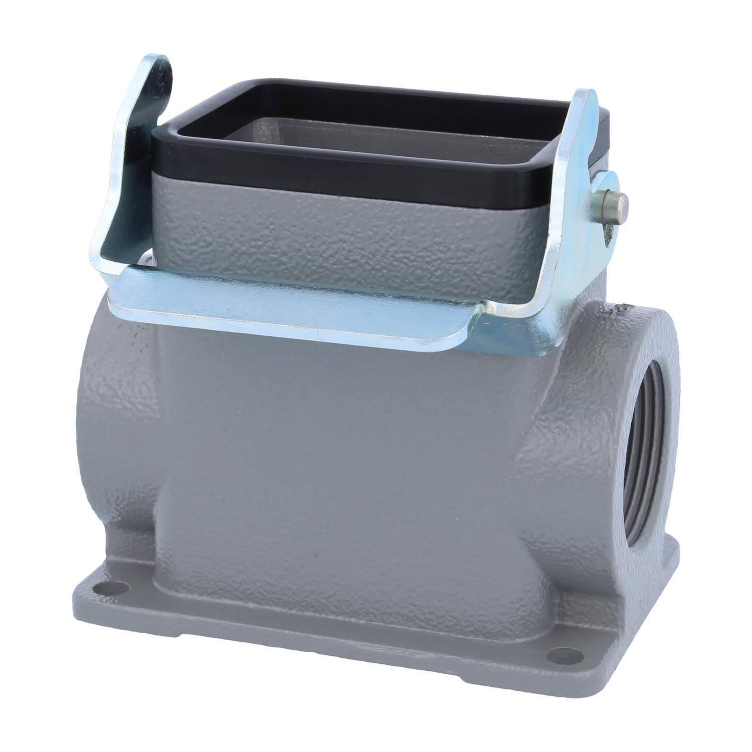 Robuste metallische Rechteckgehäuse mit Befestigungslöchern, seitlicher Verriegelung und offener Oberseite. Verwendet für industrielle elektrische Anschlüsse.