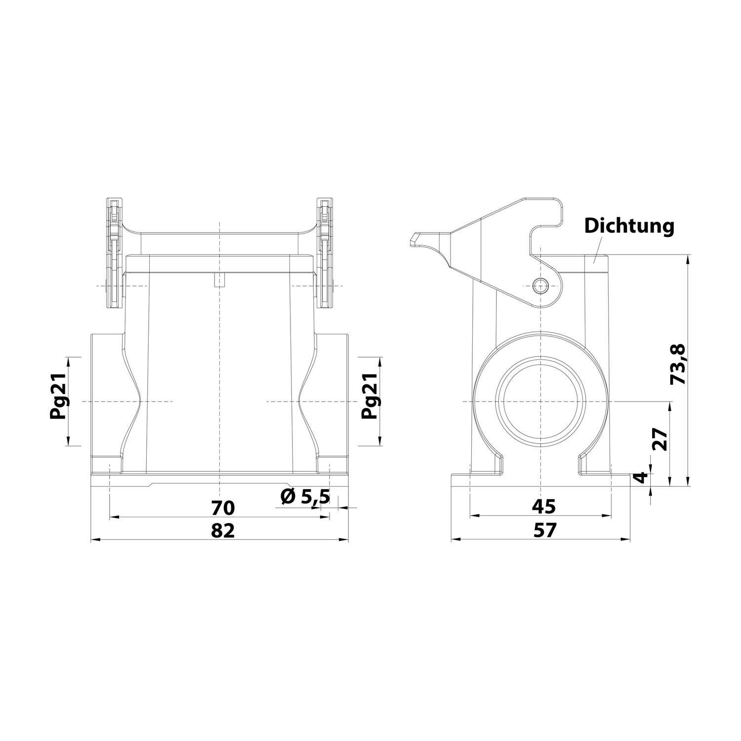 Technische Zeichnung einer mechanischen Komponente, Vorder- und Seitenansicht mit Maßangaben: Pg21, 70, 82, Ø5.5, 45, 57, 73.8, 27, 4.