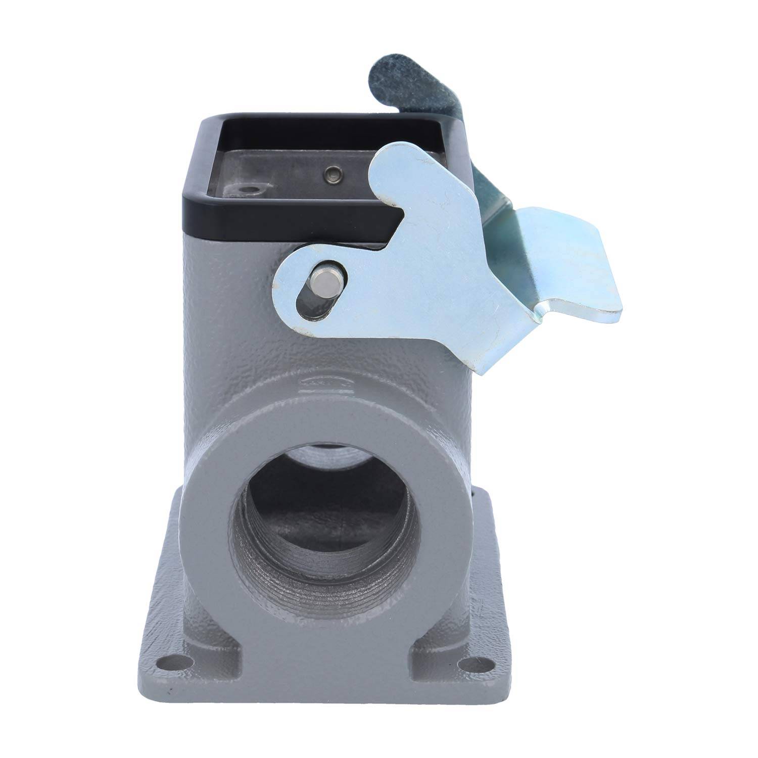 Metallisches rechteckiges elektrisches Anschlussgehäuse mit Klappdeckel, entwickelt für sichere industrielle Verbindungen.