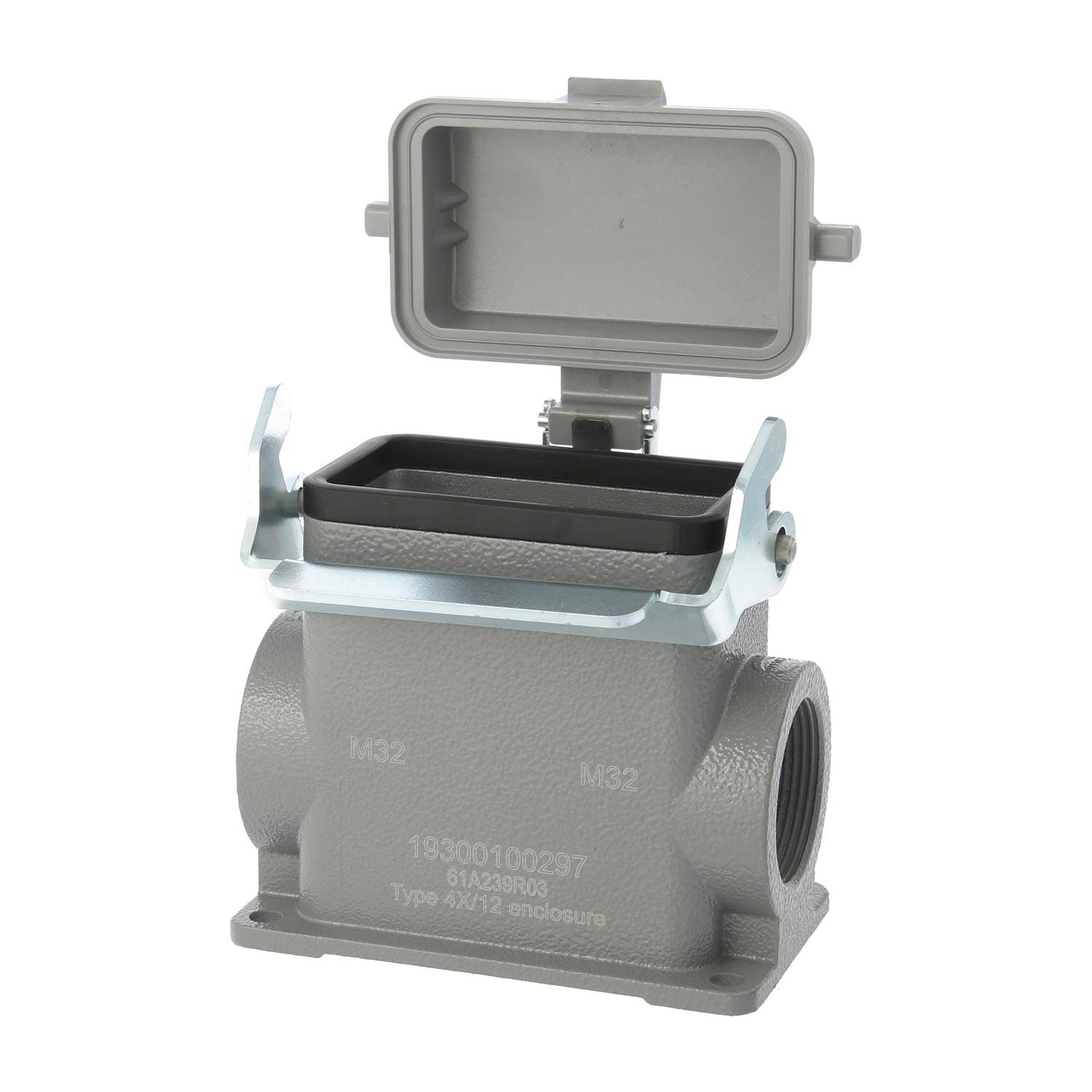 Ein graues rechteckiges industrielles Anschlussgehäuse mit offener Abdeckung und seitlichen Gewindeöffnungen, gekennzeichnet als 