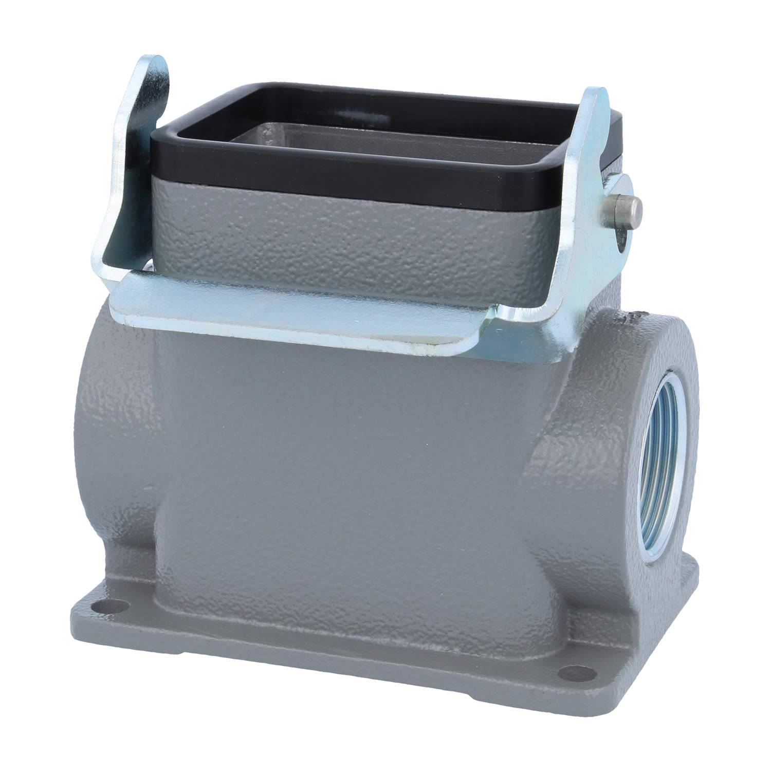 Ein rechteckiger, metallischer Industrieverbinder mit quadratischer Öffnung und seitlichen Halterungen zur sicheren Befestigung, vor einem schlichten Hintergrund.