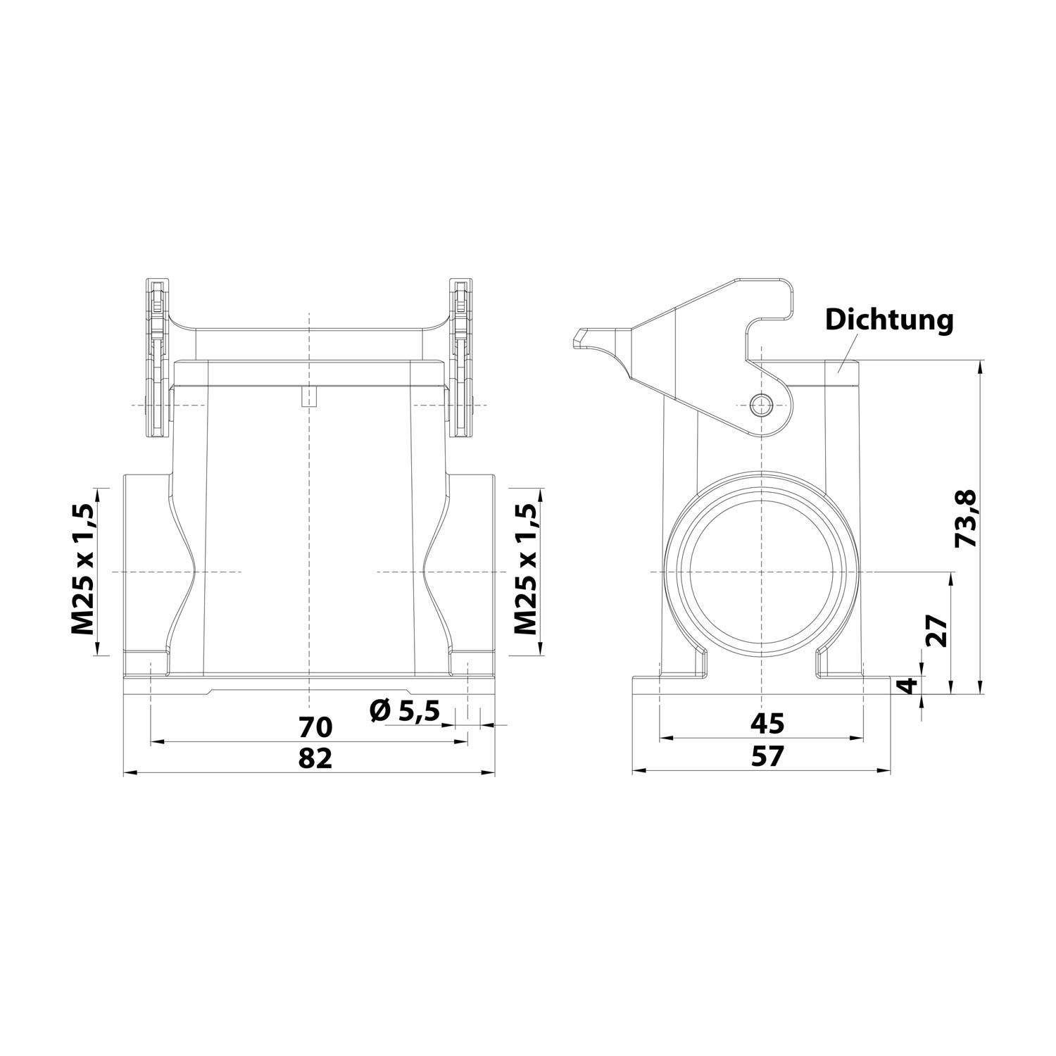 04300060263 HARTING Han 6B Sockelgehäuse hoch, 2xM25 seitlicher Kabelabgang, mit 1 Längsbügel Verschraubung M25