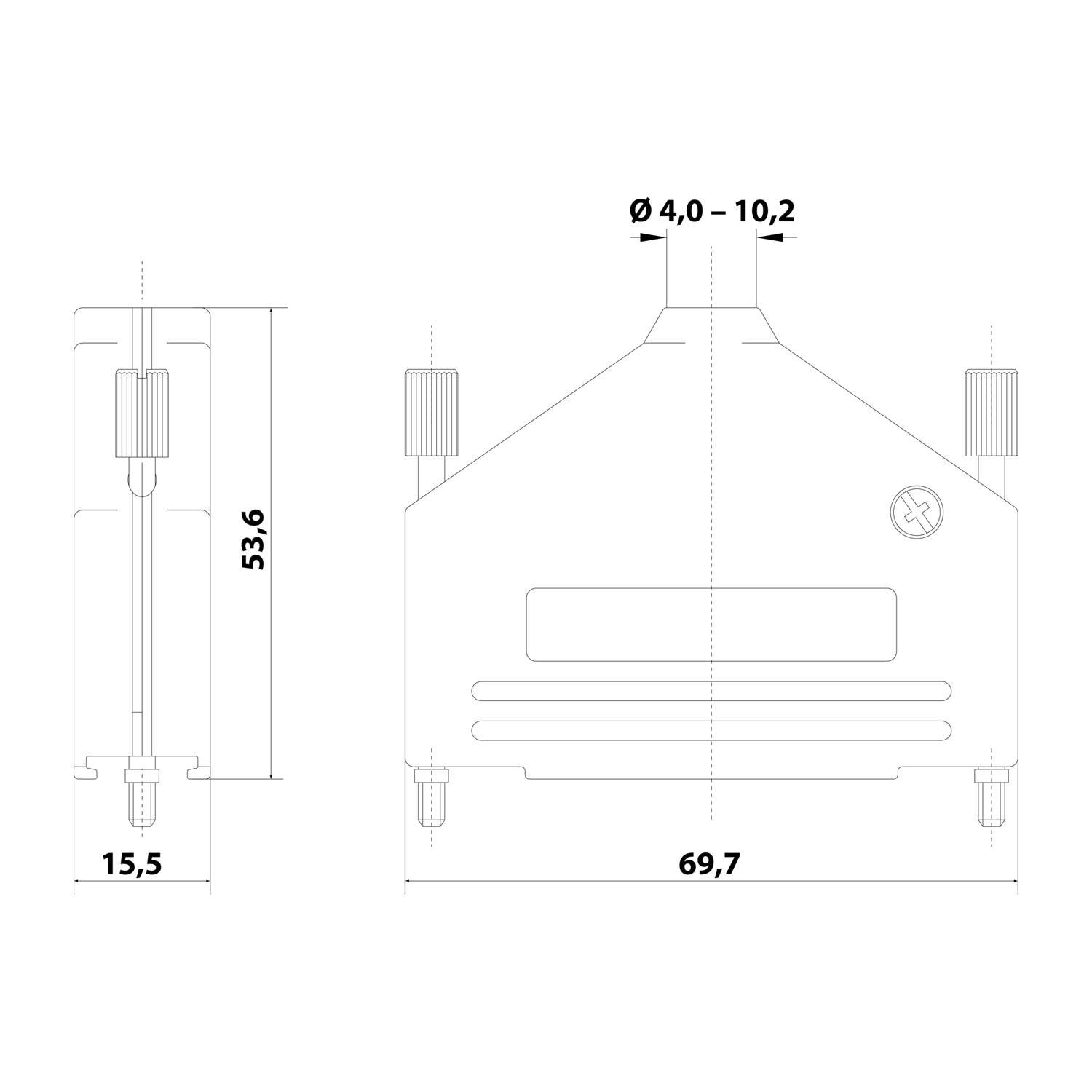 Technische Zeichnung eines Geräts mit Abmessungen: Höhe 53,6, Breite 69,7, Tiefe 15,5. Einstellbarer Durchmesser von 4,0 - 10,2 angegeben.