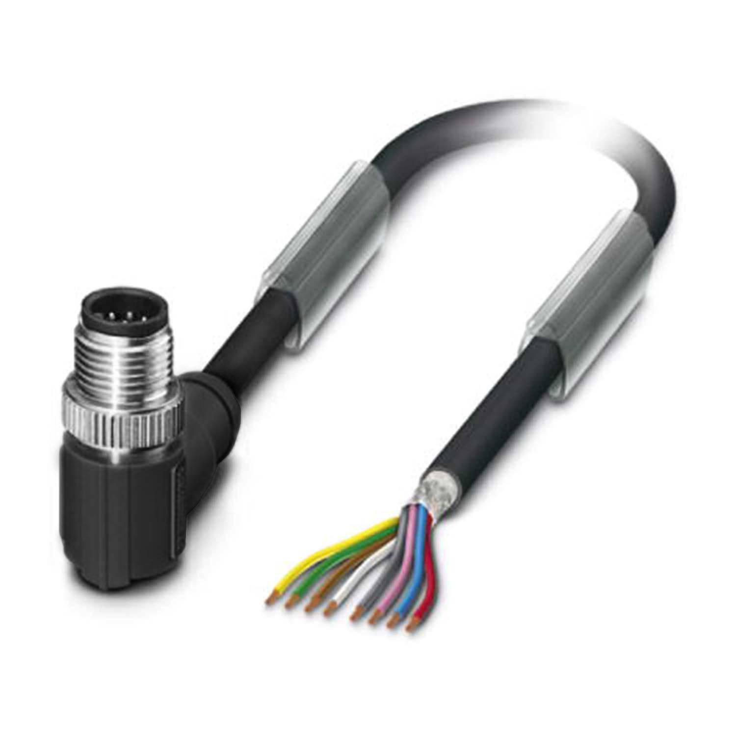 Ein schwarzes industrielles Kabel mit einem 5-poligen Rundsteckverbinder an einem Ende und freiliegenden mehrfarbigen Leitungen am anderen Ende.