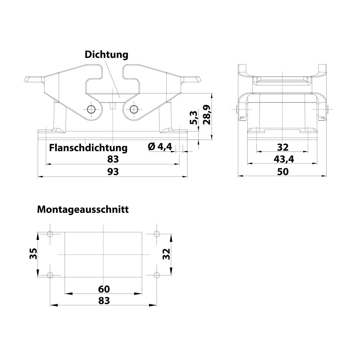 Technische Zeichnung mit Abmessungen und Spezifikationen. Draufsicht mit der Bezeichnung Dichtung, Seitenansicht mit Maßangaben und Montagsektion.