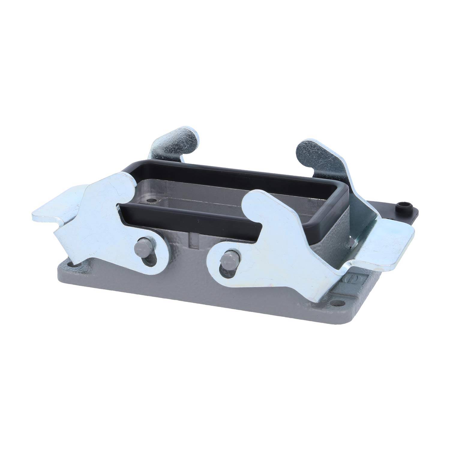 Eine Metallbefestigungshalterung mit zwei Scharnierclips und einer Gummierung, die zur Befestigung von Komponenten dient, auf weißem Hintergrund dargestellt.