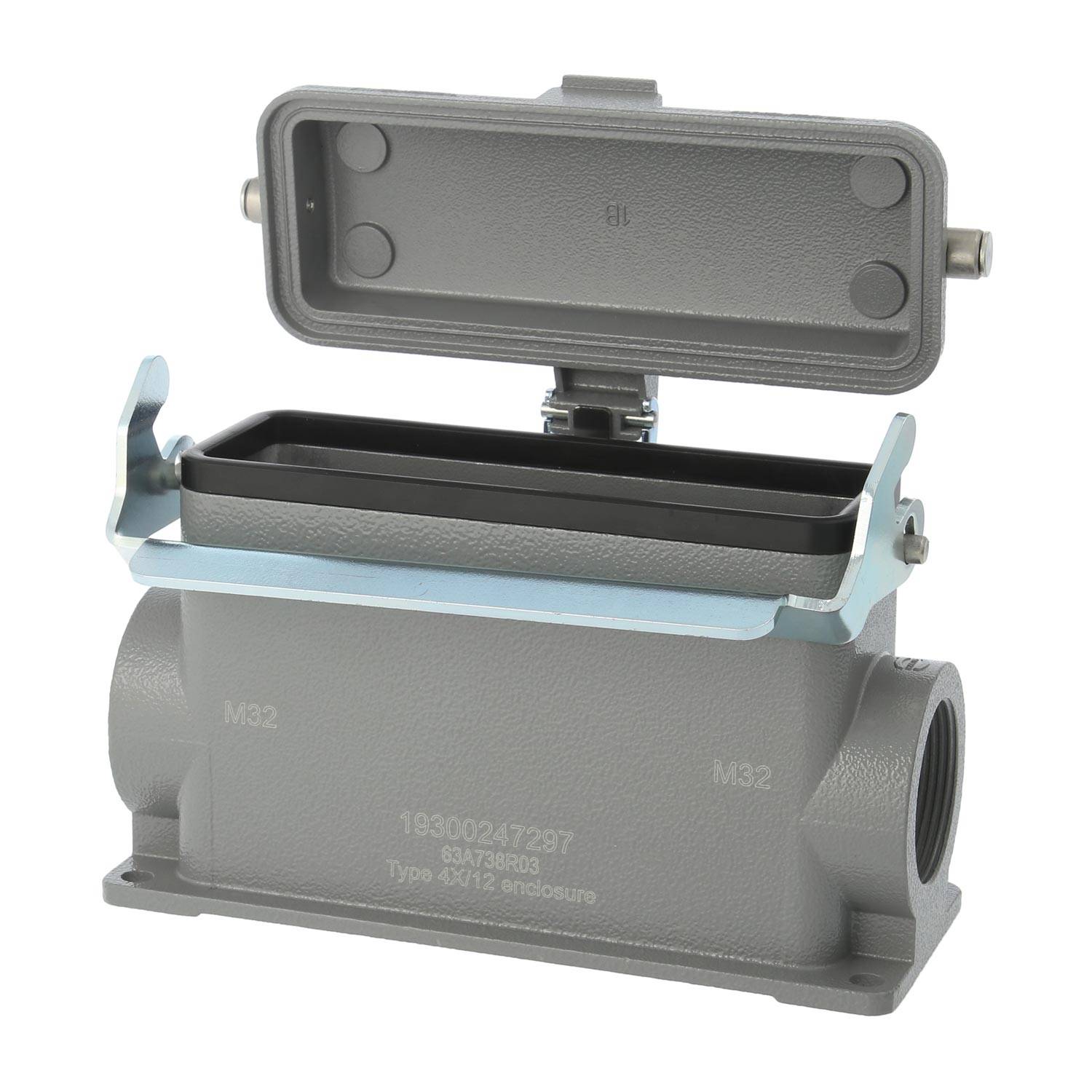 Eine graue industrielle Elektroverteilerdose mit offenem Deckel, die ein Innenkompartiment zeigt. Die Dose ist mit 'Typ 4X12-Gehäuse' beschriftet.