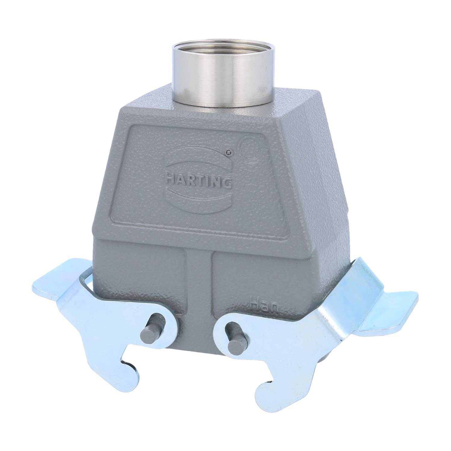 Ein grauer industrieller Anschlussgehäuse mit metallischen Verriegelungen und einem eingraviertem Logo, konzipiert zum Sichern und Schützen elektrischer Verbindungen.