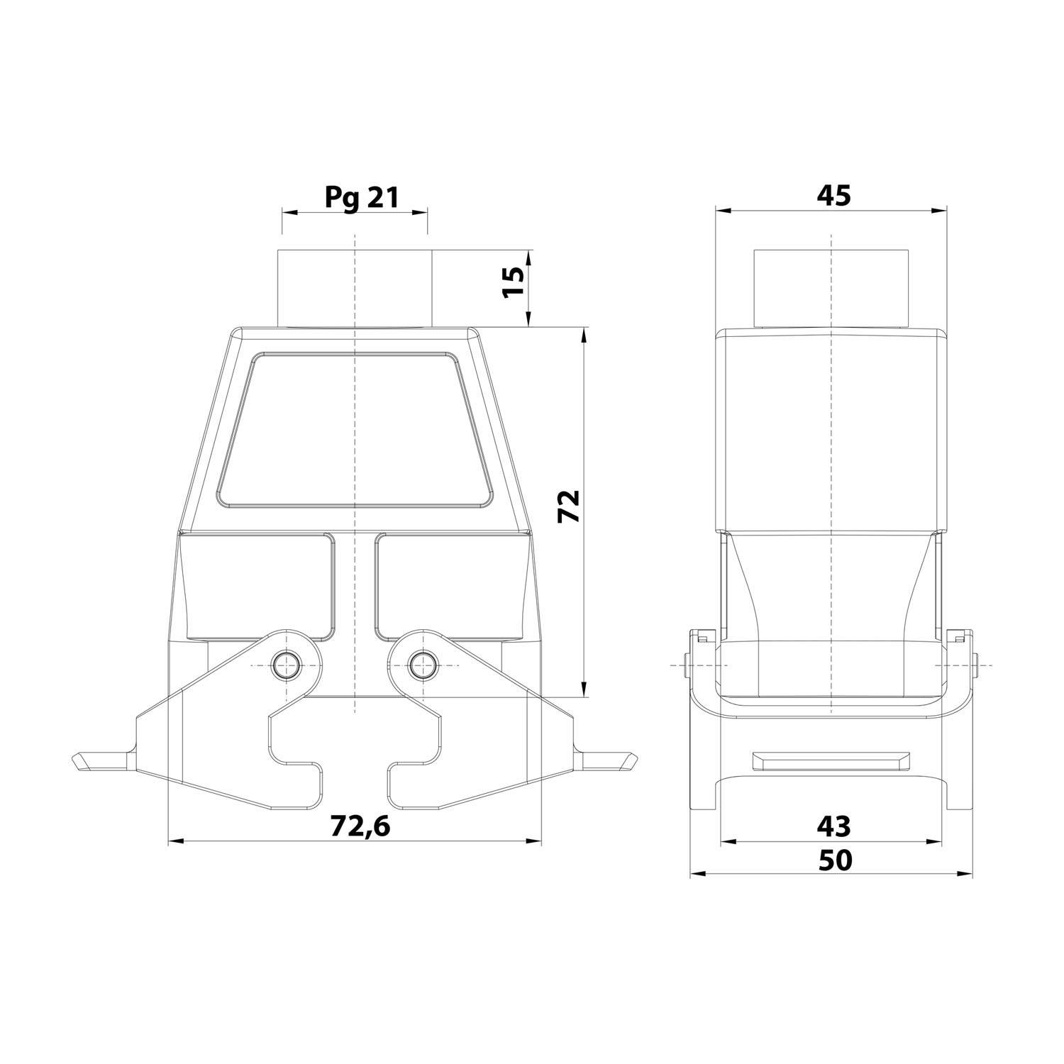 Blaupause eines mechanischen Bauteils mit Vorder- und Seitenansicht. Abmessungen umfassen Pg 21, 72, 72.6, 50, 43, 15 und 45.