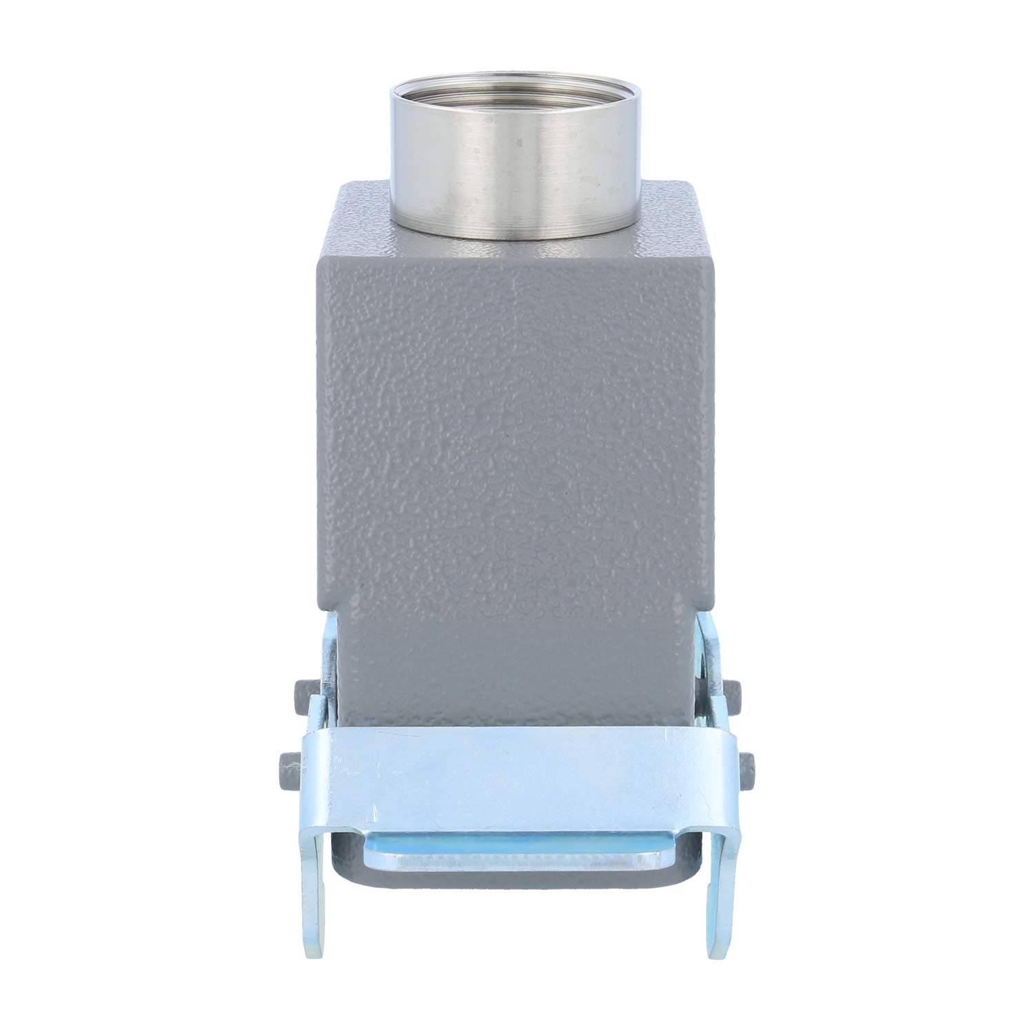 Ein grau-industrielles Verbindungsgehäuse mit einem zylindrischen Metallteil oben und einem blauen Verschluss an der Basis, ausgelegt für robuste elektrische Verbindungen.