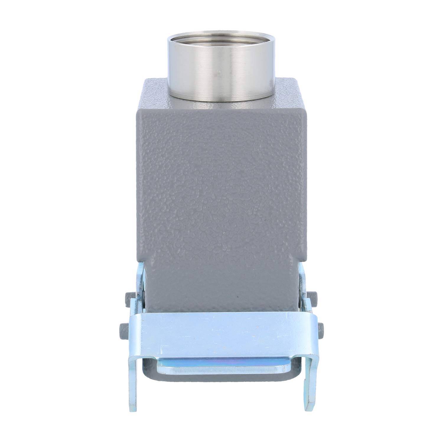 Ein rechteckiger grauer Industrieverbinder mit einer kreisförmigen Metallöffnung oben und einem blauen Verschluss unten für eine sichere Befestigung.