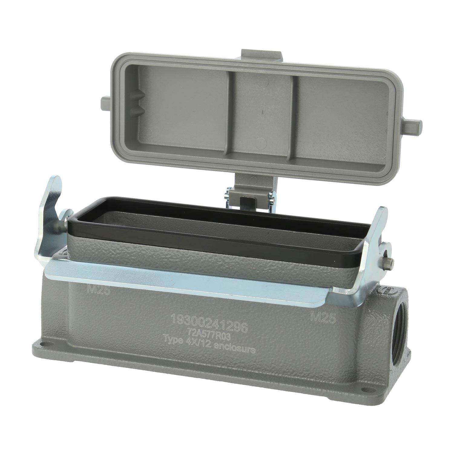 04300241295 HARTING Han 24B Sockelgehäuse niedrig, 2xPG21 seitlicher Kabelabgang, mit 1 Längsbügel mit Schutzkappe