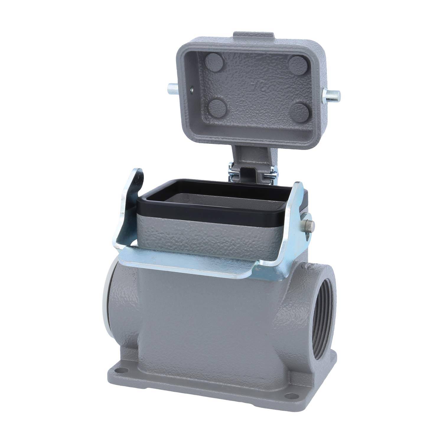 Ein Metallgehäuse für industrielle Verbinder mit einem offenen Deckel, das den Innenraum zeigt, der für elektrische Anschlüsse vorgesehen ist.