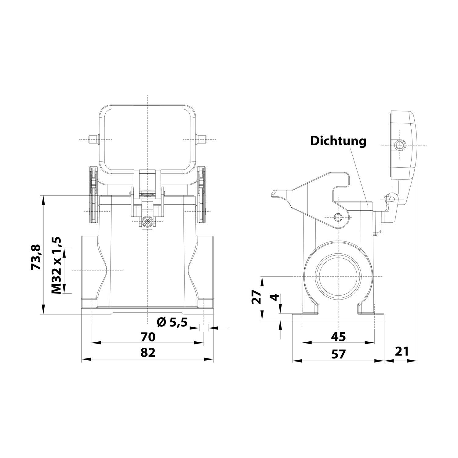 Technische Zeichnung einer mechanischen Komponente mit beschrifteten Abmessungen in Millimetern, einschließlich Höhe, Durchmesser und Dichtungspunkten.