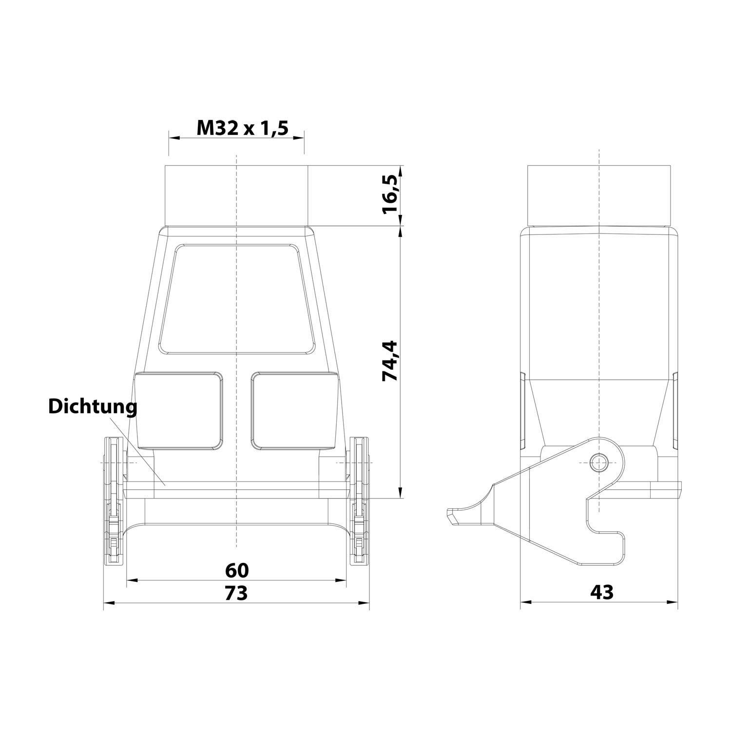 Technische Zeichnung eines mechanischen Bauteils mit der Bezeichnung 'Dichtung' mit Abmessungen: 60 mm, 43 mm und Höhen 74,4 mm und 16,5 mm.