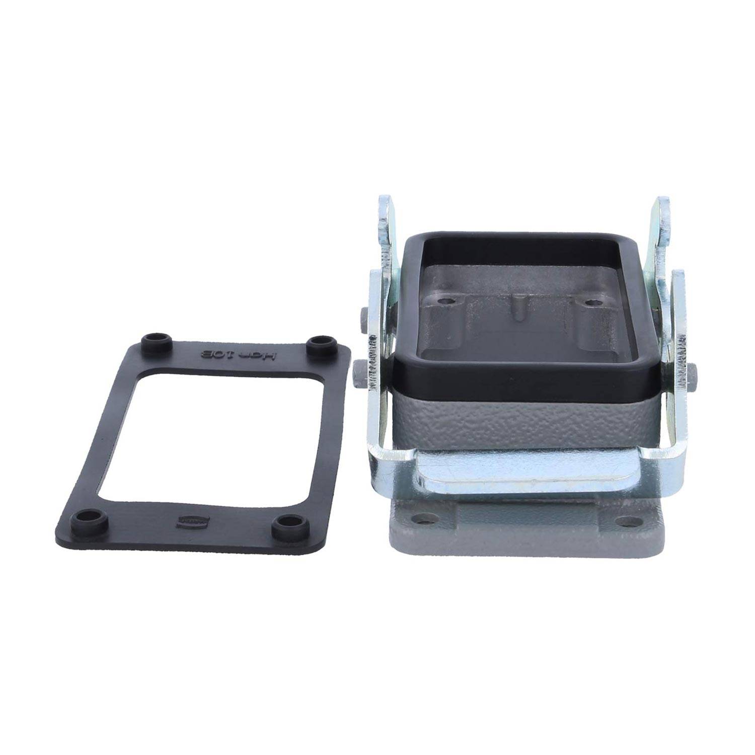 Metallische Elektro-Anschlussdose mit abnehmbarer Gummidichtung, in rechteckiger Form mit Befestigungslöchern für eine sichere Installation.