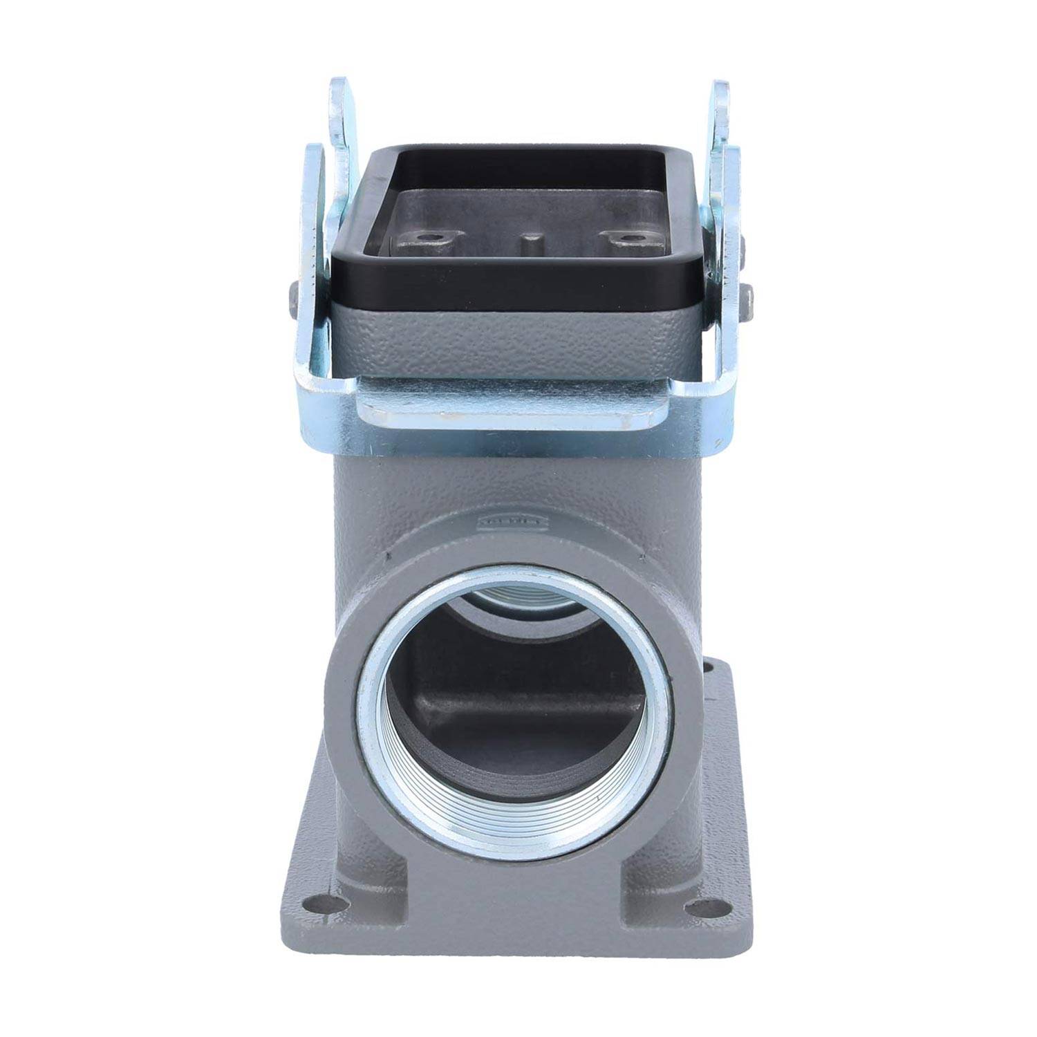 Elektrische Installationsschachtel mit einer quadratischen Öffnung an der Oberseite und gewindeten kreisförmigen Öffnungen an den Seiten, verwendet zum Verbinden von Kabelwegen.