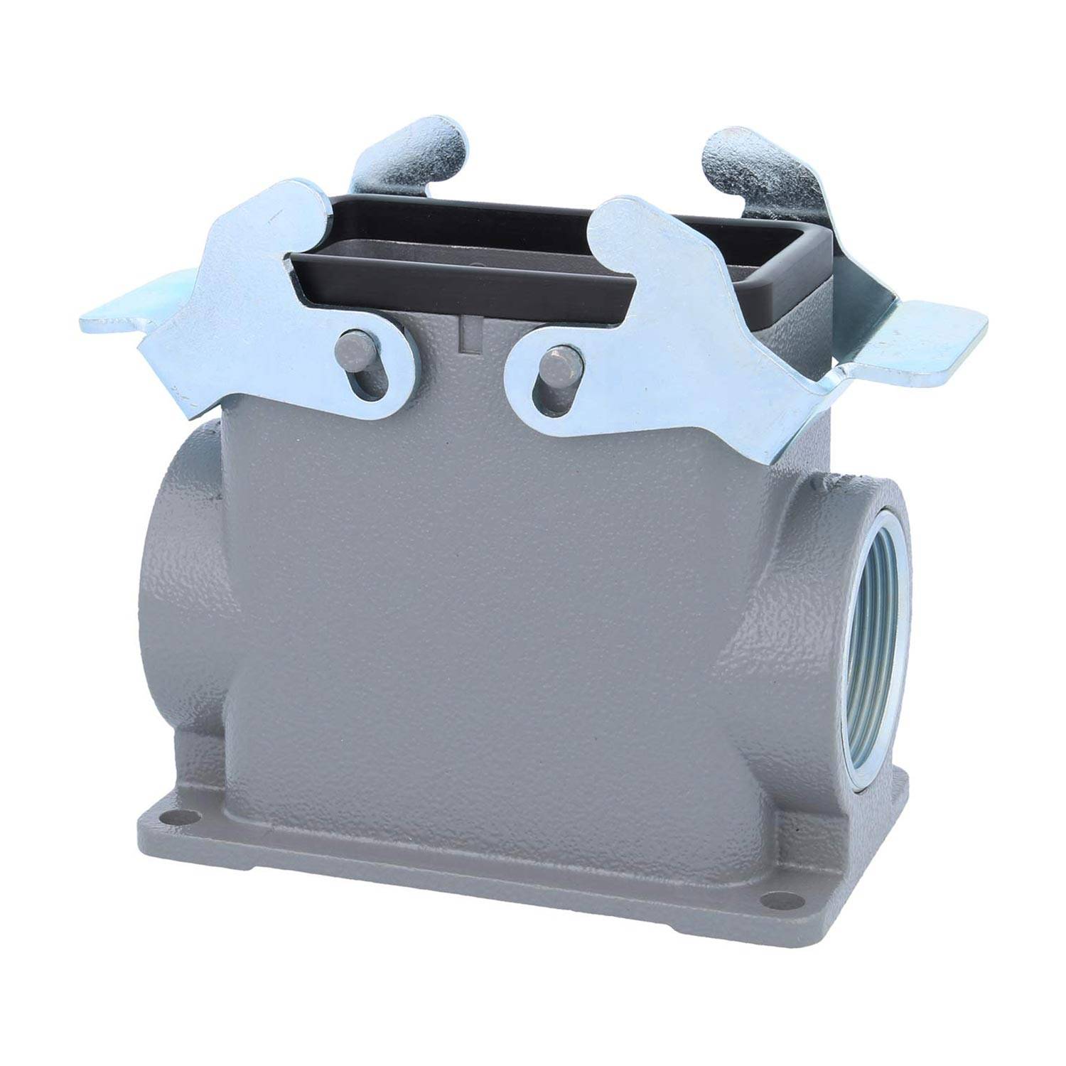 Industriegehäuse für Steckverbinder mit einer Metallklemme und seitlichen Gewindedurchführungen für Kabelanschlüsse.