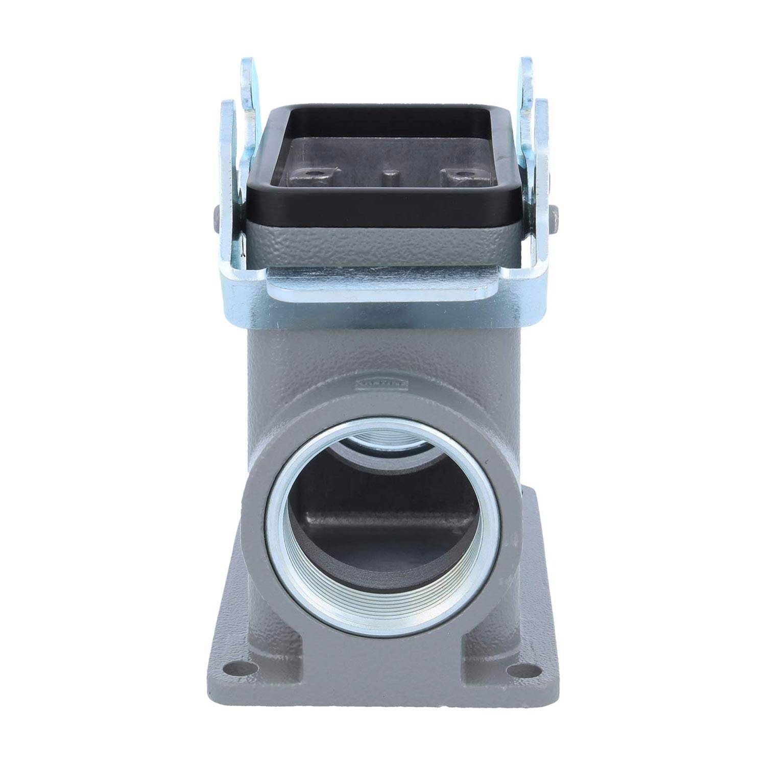 Frontansicht eines grauen Metallgehäuses für industrielle Anschlüsse mit einer rechteckigen Öffnung an der Oberseite und einer kreisrunden Öffnung an der Unterseite.