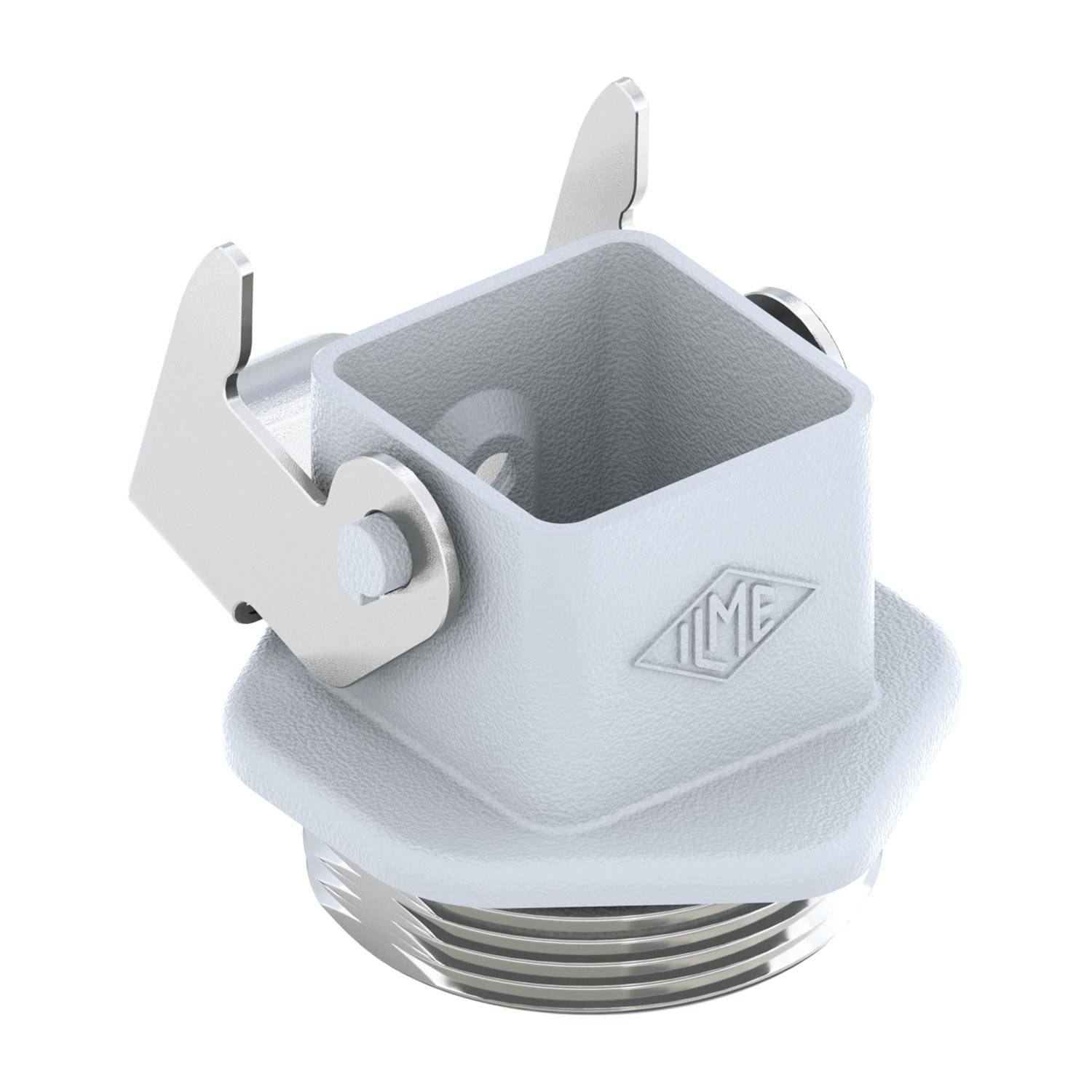 Ein Metallverbindungsgehäuse mit sechseckiger Grundfläche und zwei seitlichen Verriegelungshebeln, geprägt mit dem 'ILME' Logo.