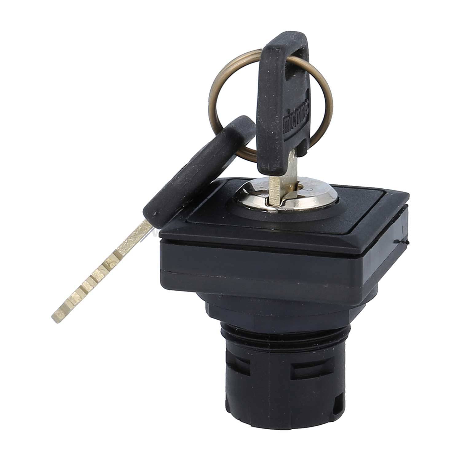 „Ein schwarzer Zündschalter mit zwei angehängten Schlüsseln, senkrecht gegen einen weißen Hintergrund gestellt.