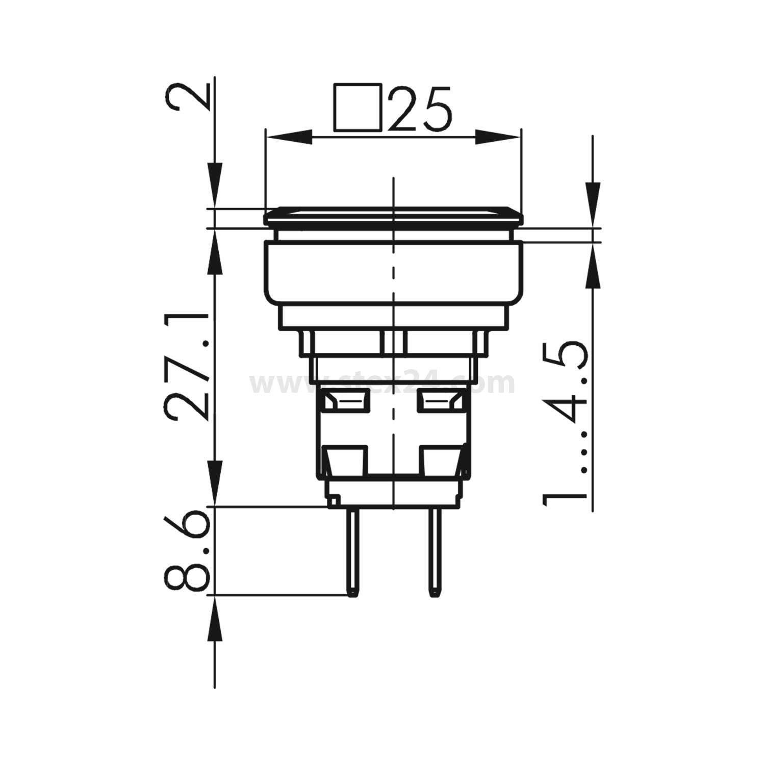 Technische Zeichnung eines Drucktastenschalters mit Abmessungen: 25 mm Breite, 27,1 mm Höhe und 8,6 mm Pinlänge. Technische Illustration.