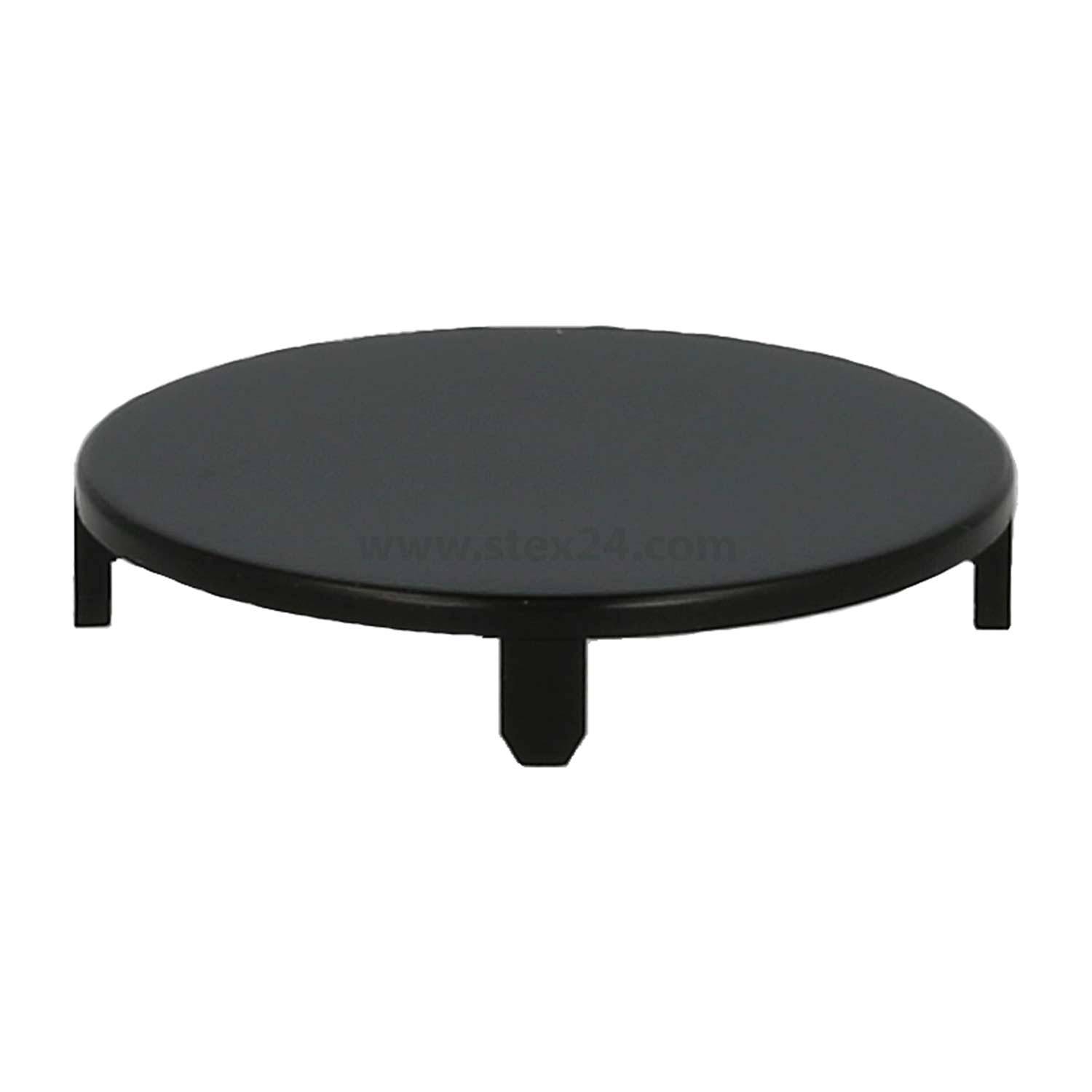 Eine kleine, runde Schutzkappe aus schwarzem Metall oder Kunststoff mit drei Beinen, die als Abdeckung oder Stöpsel für verschiedene Anwendungen verwendet wird.