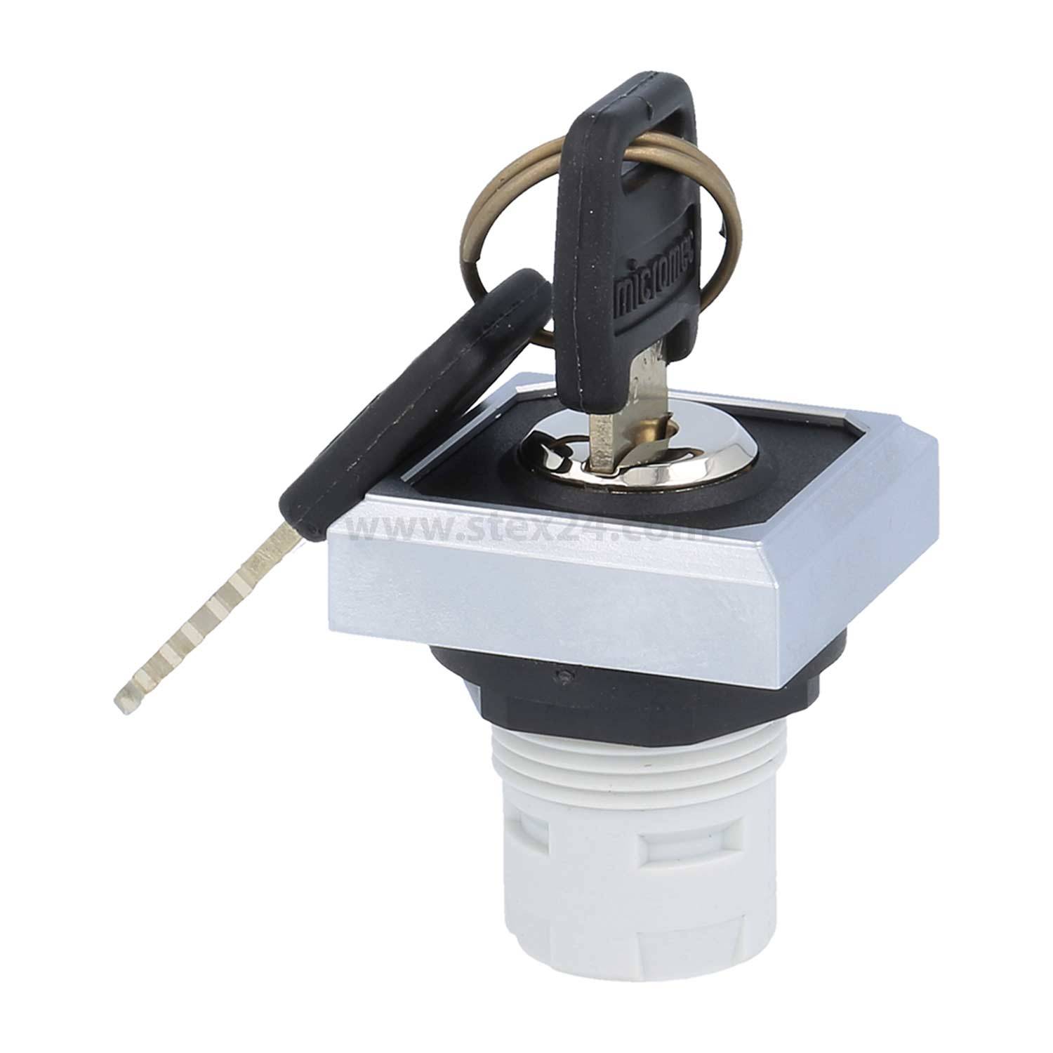 Schlüsselschalter mit einem quadratischen, metallischen Verschlussmechanismus, der einen schwarzen Schlüssel und einen Schlüsselring oben hält. Die weiße Basis verbindet sich als elektrische Komponente.