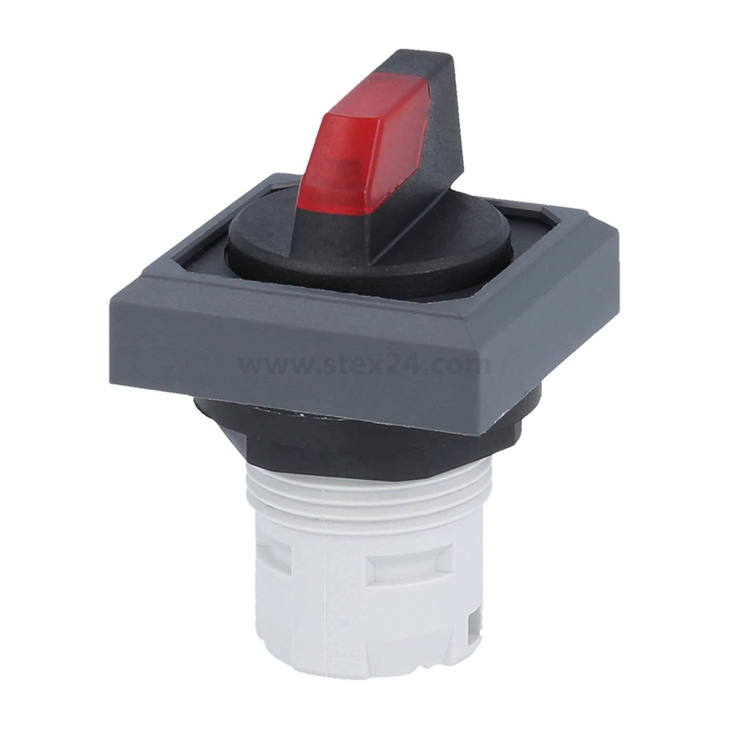 Ein Kippschalter mit einer roten Anzeige innerhalb eines grauen Rahmens und weißer Basis, der in elektronischen oder elektrischen Geräten verwendet wird.