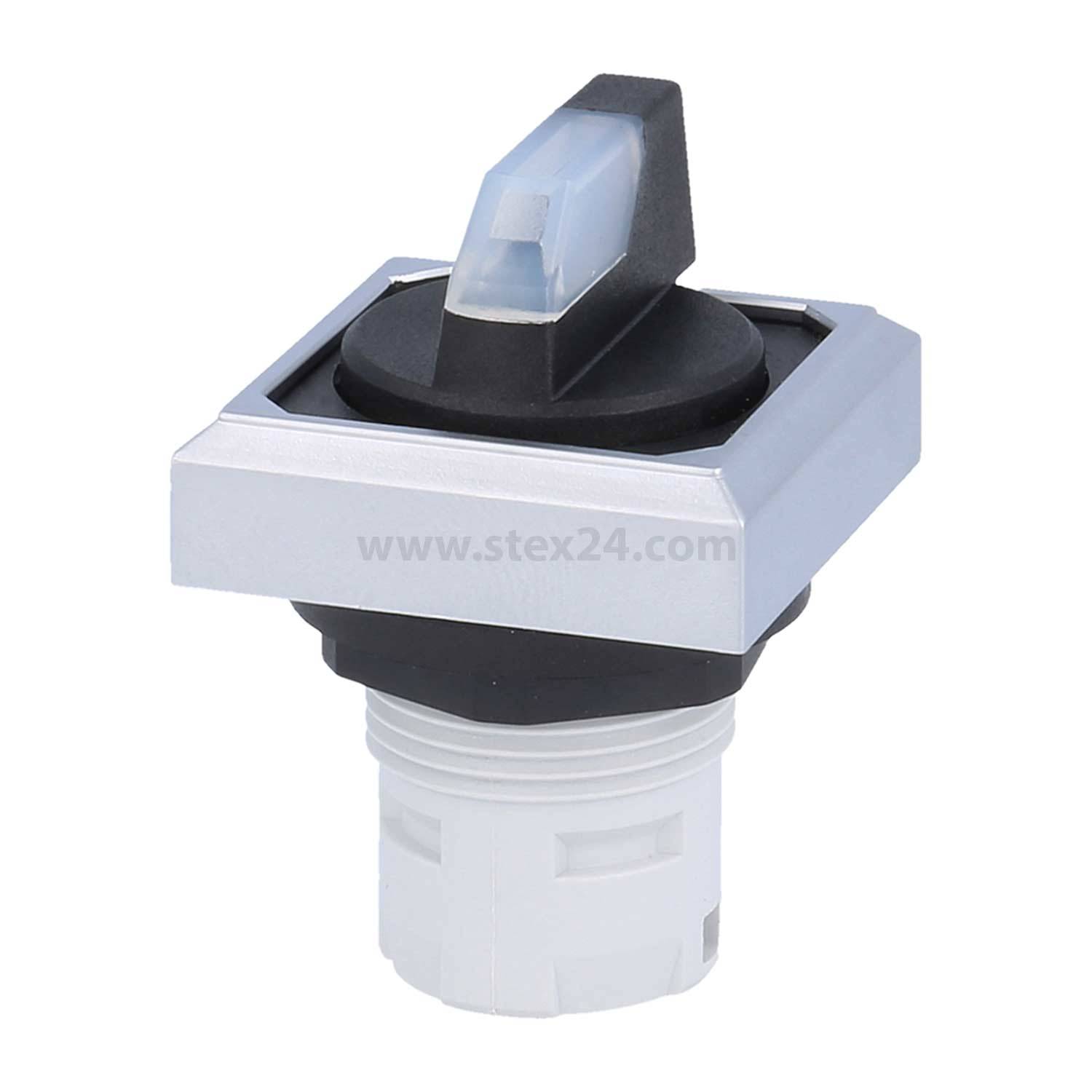 Ein quadratischer Metallwahlschalter mit einem schwarzen und transparenten Kunststoffhebel, montiert auf einer zylindrischen weißen Basis.