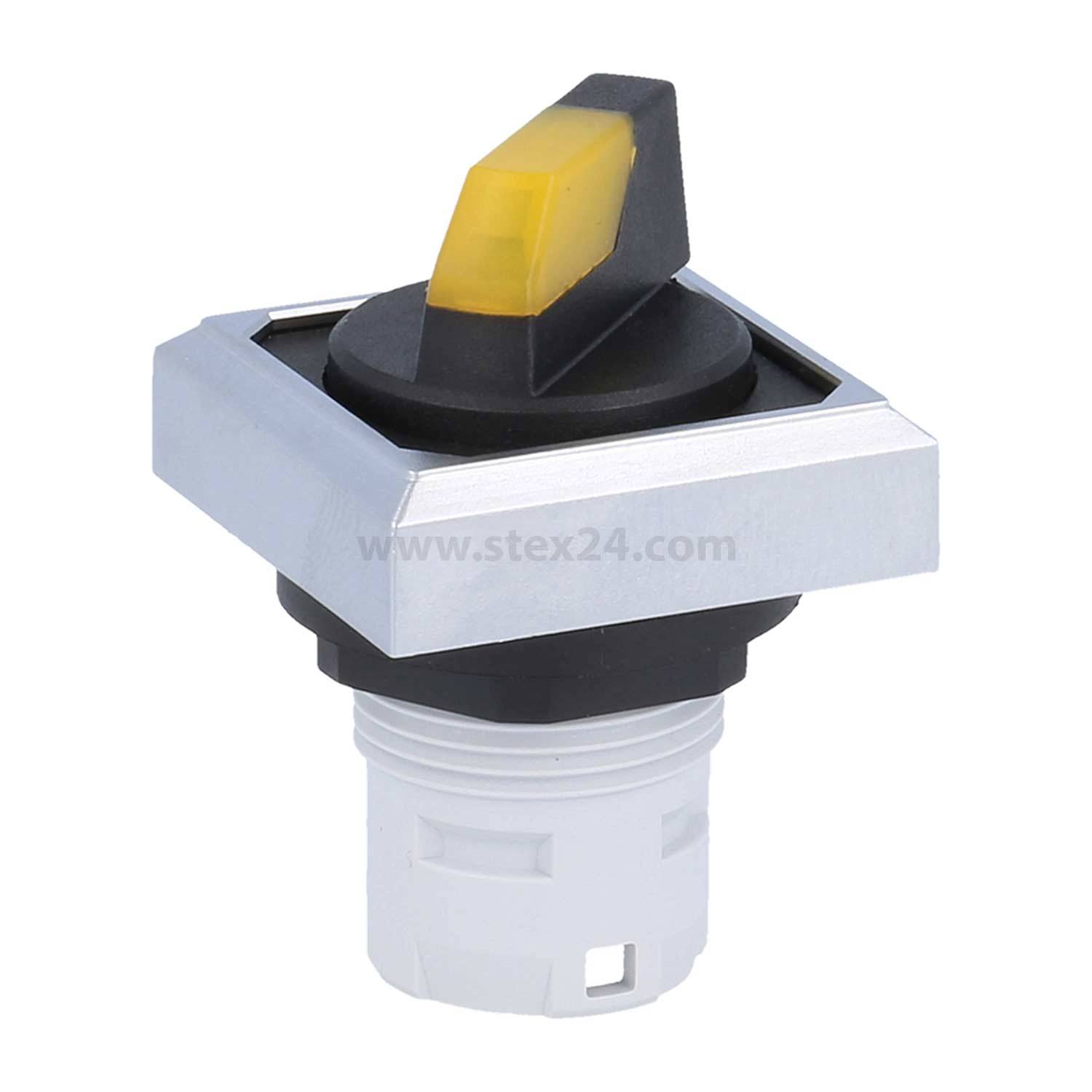 Ein gelb-schwarzer Wahlschalter mit silbernem Quadratrahmen und weißer Basis, der üblicherweise in industriellen Steuerungspanels verwendet wird.