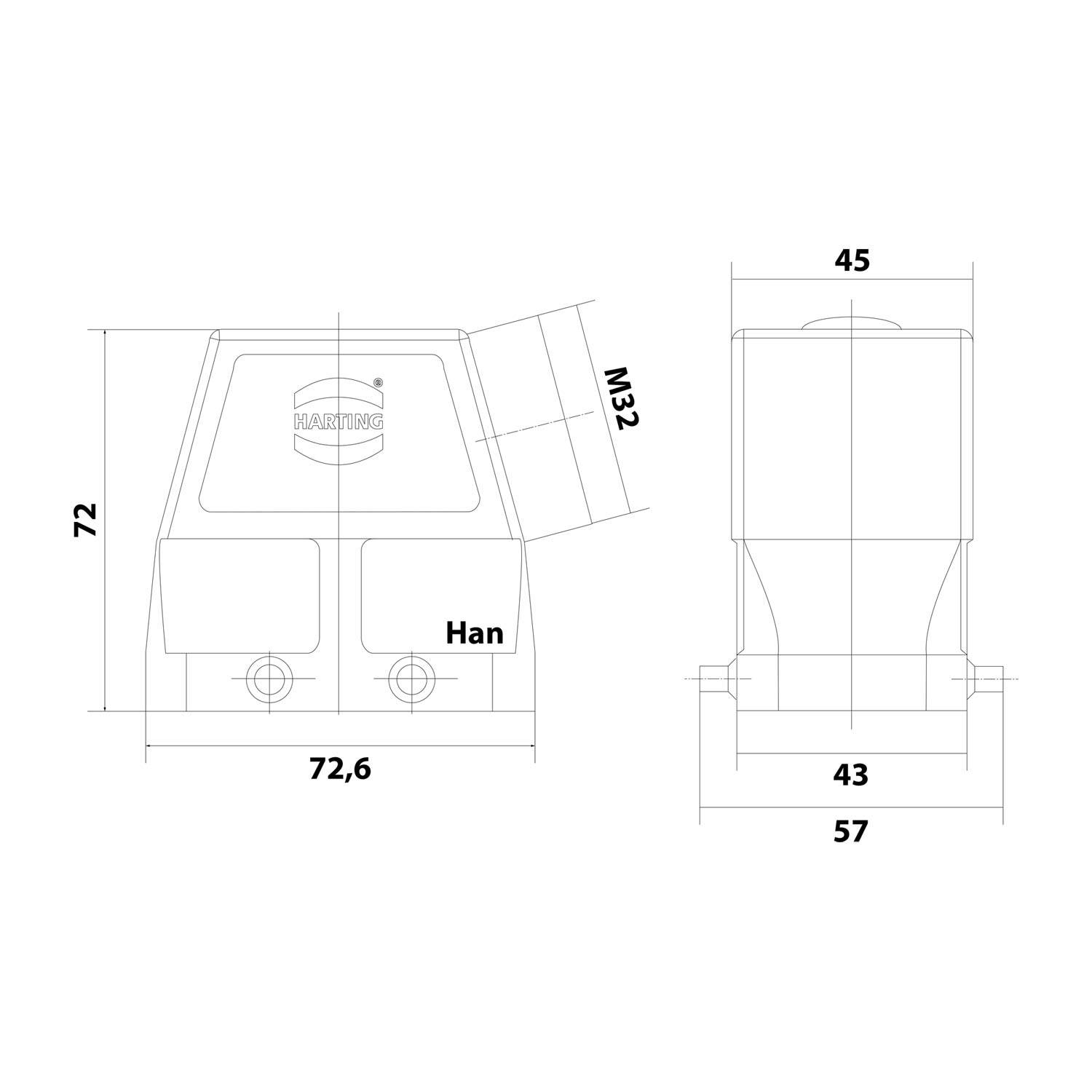05300100564-2 HARTING Han 10B Tüllengehäuse hoch, 1xM32 seitlicher Kabelabgang, für 2 Bügel (am Unterteil)
