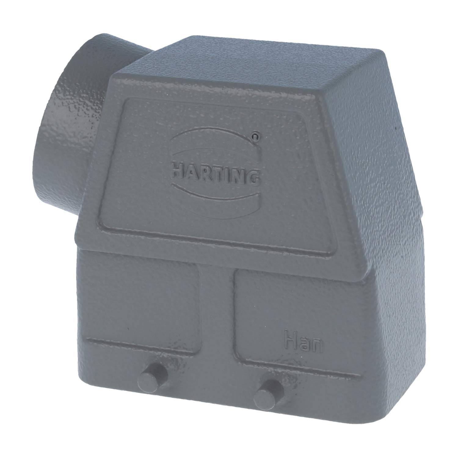 Eine graue Metallverbinderhaube mit dem Markennamen 'HARTING', der in sie eingeprägt ist. Die Haube ist gewinkelt und hat eine kreisförmige Öffnung an einem Ende.