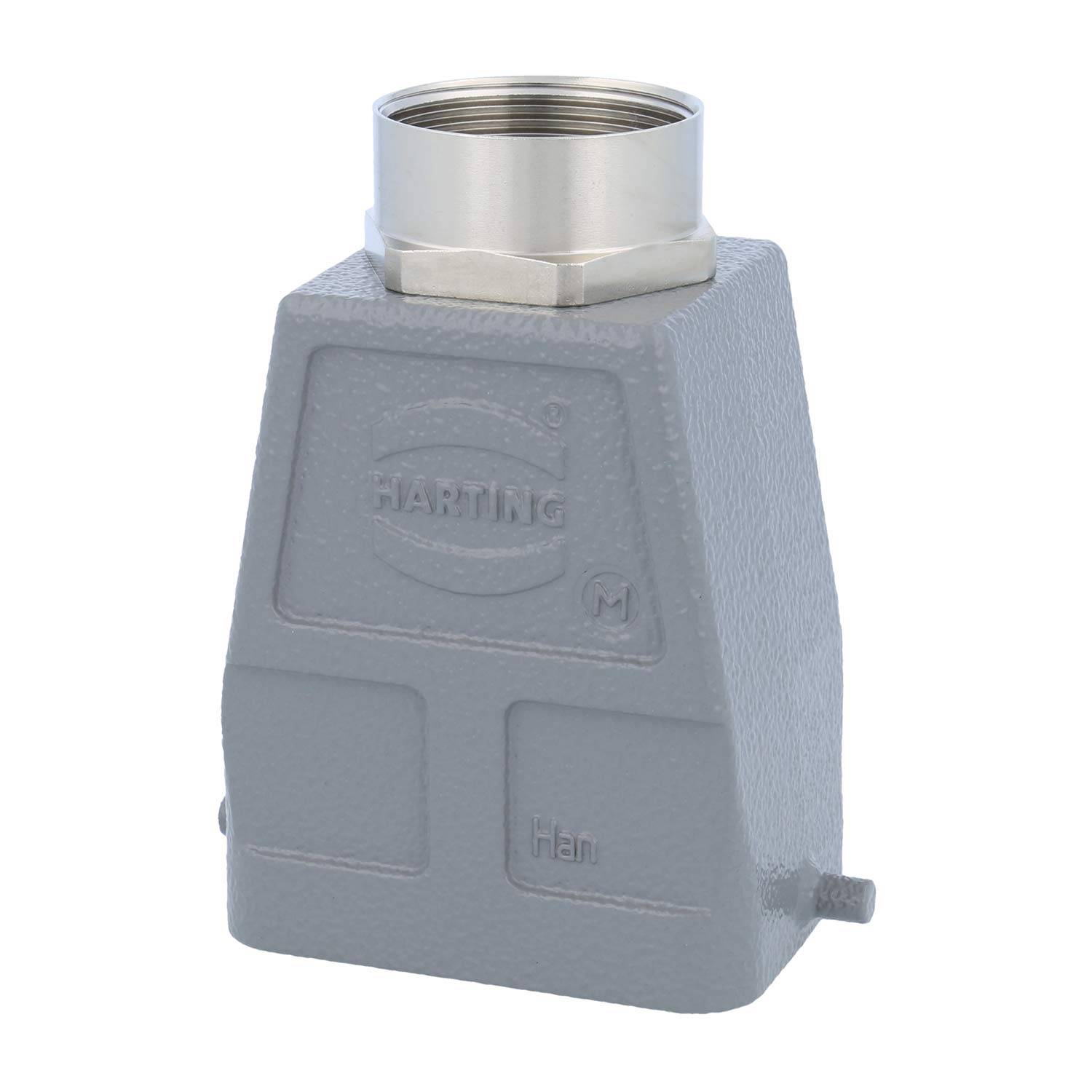 Ein HARTING Marken-Industriegehäuse für Hochleistungsverbinder, grau in der Farbe mit einem zylindrischen Metallteil oben, entwickelt für sichere elektrische Verbindungen.