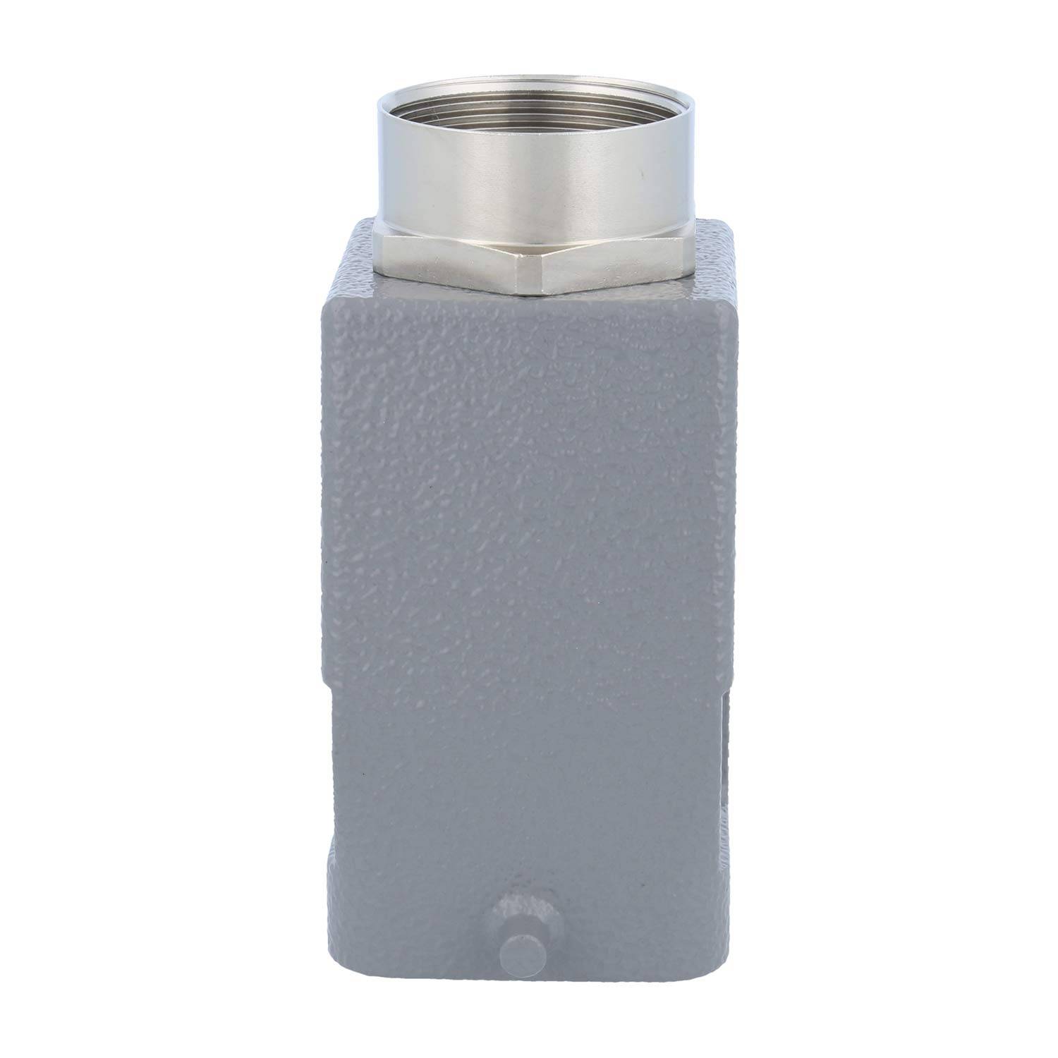 Eine graue, rechteckige Metallkomponente mit einer Gewindebohrung an der Oberseite, geeignet für industrielle oder mechanische Anwendungen.