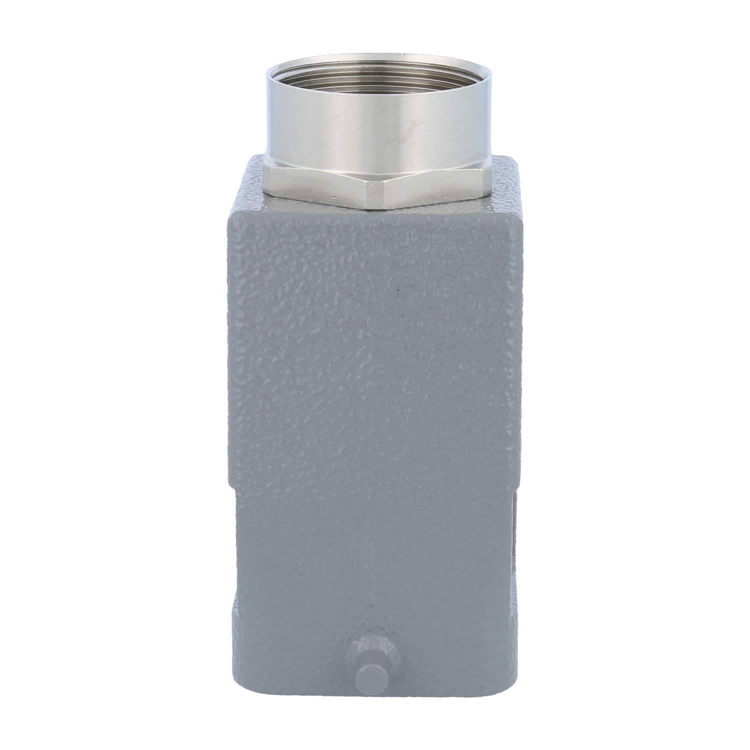 Ein grauer, rechteckiger Industrieventil mit einer verschraubten Metallöffnung oben, der zur Steuerung von Flüssigkeits- oder Gasströmungen in Rohrleitungen verwendet wird.