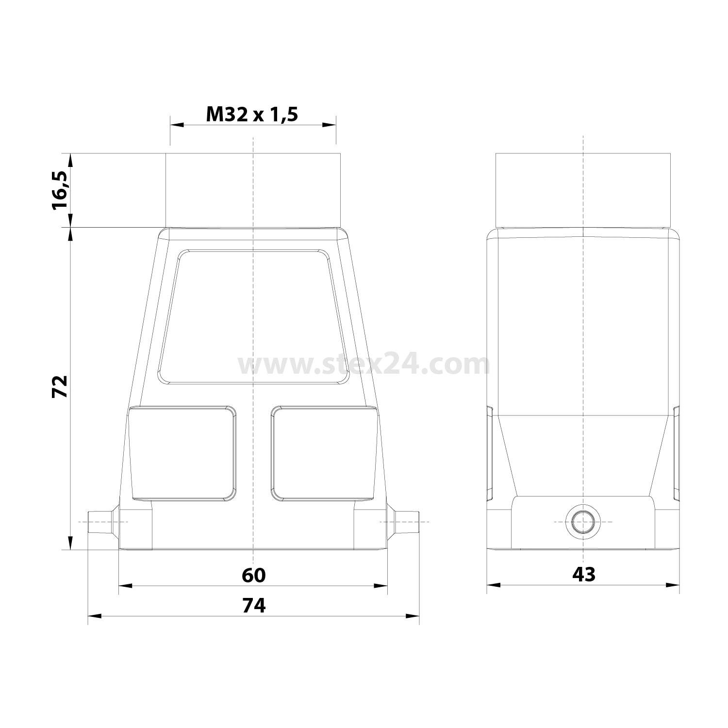 Technische Zeichnung eines Verbinders mit Abmessungen: Breite 60 mm, Höhe 72 mm, Draufsicht Breite 74 mm und eine weitere Breite 43 mm. M32 x 1,5 ist beschriftet.