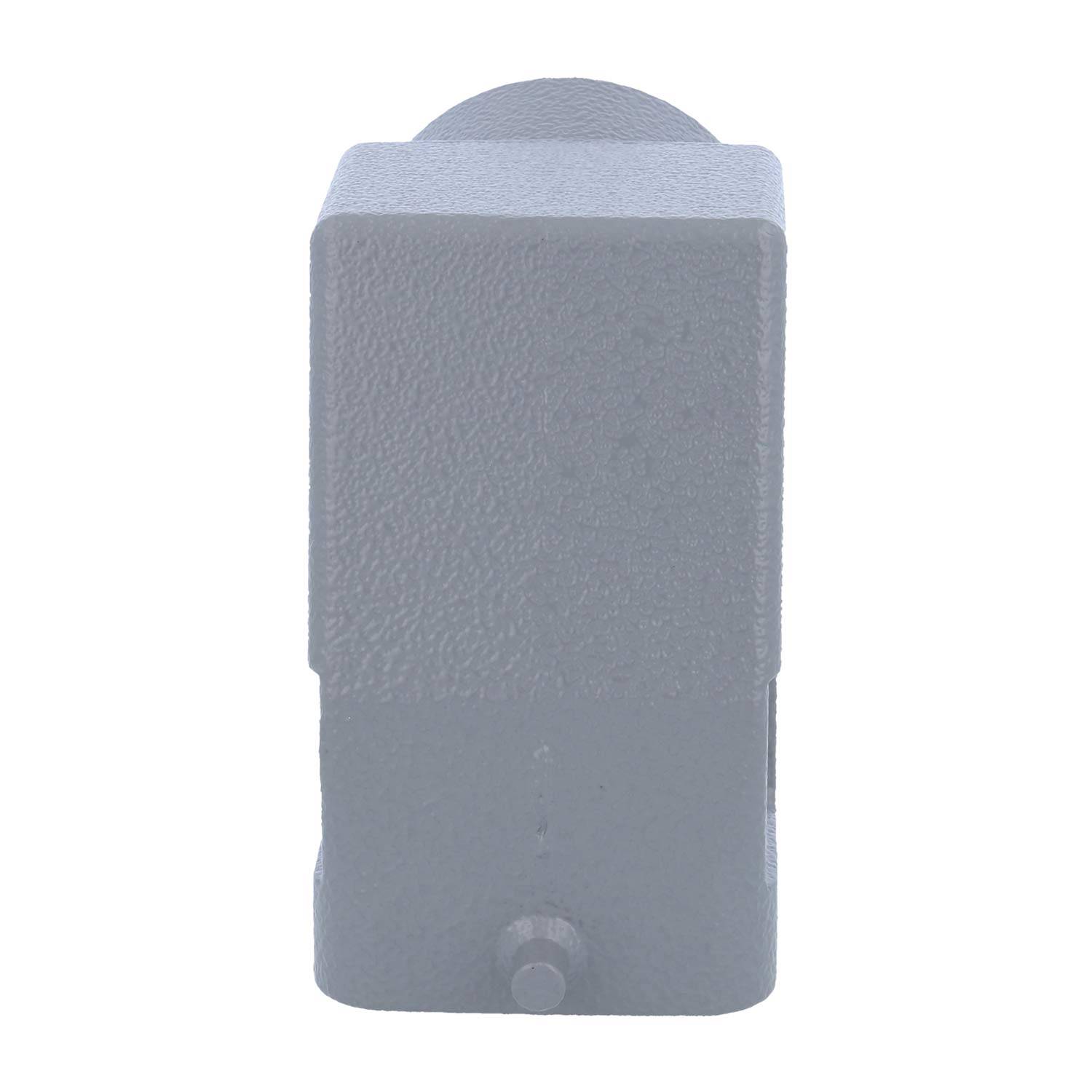 Eine graue, rechteckige Metalleinheit mit strukturierter Oberfläche und einem kleinen runden Knopf in der Mitte unterhalb.