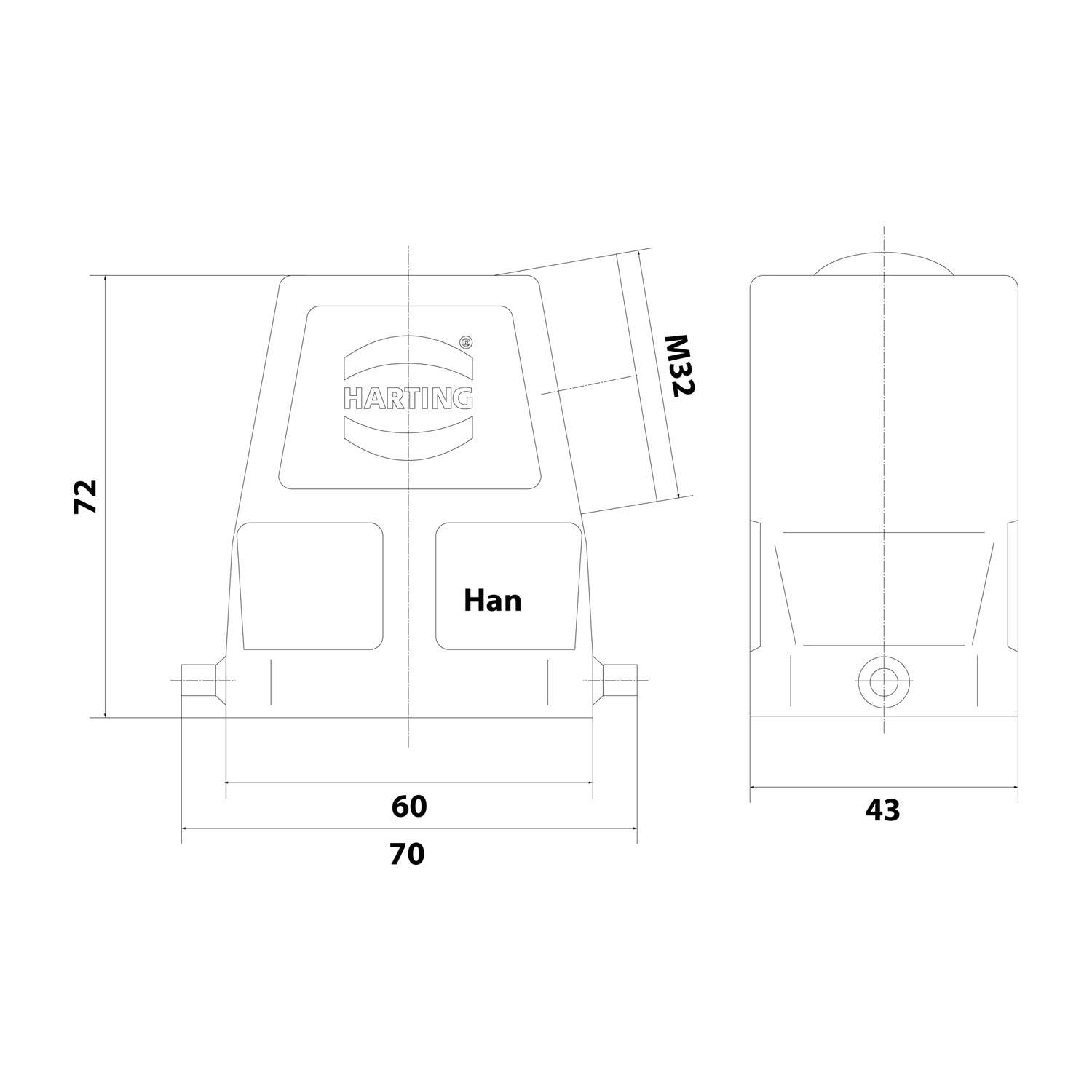 Technische Zeichnung eines HARTING Han Steckergehäuses. Frontansicht mit Abmessungen: 72 mm Höhe, 70 mm Breite. Seitenansicht: 43 mm Breite, Gewindelgröße M32.