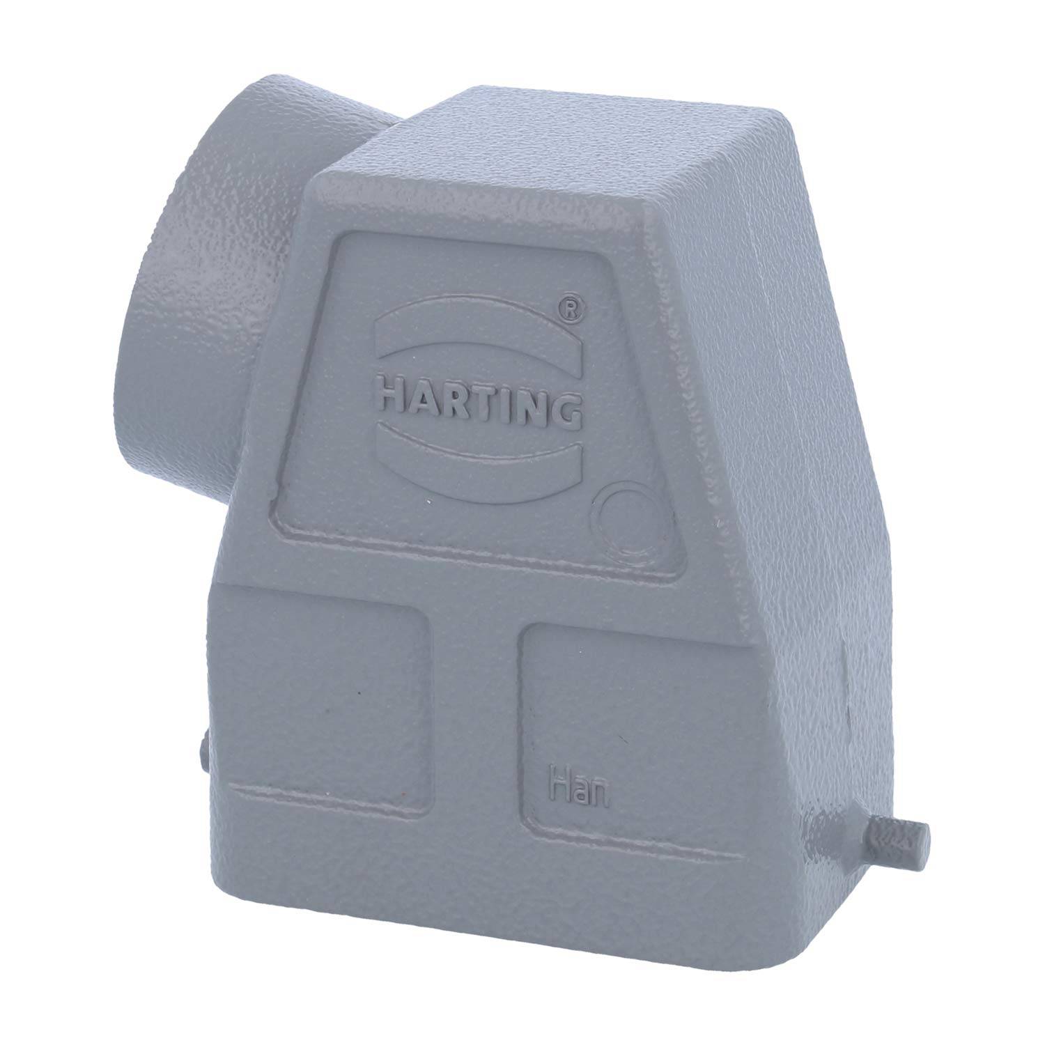 Ein graues industrielles Anschlussgehäuse, gekennzeichnet mit 'HARTING' und 'Han' für elektrische Anwendungen, mit robustem und abgewinkeltem Design.