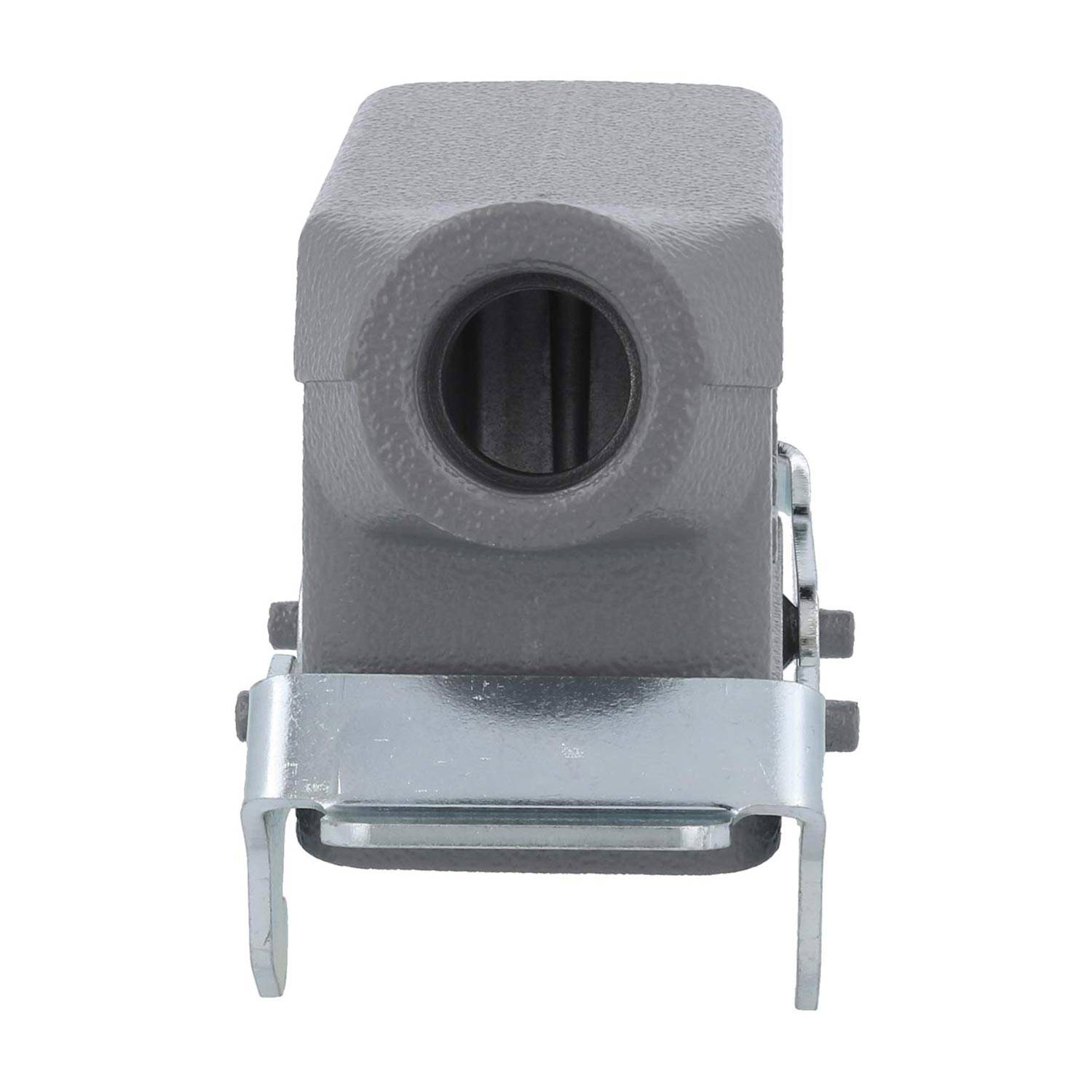 Ein graues robustes Elektroanschlussgehäuse mit einem Metallverriegelungsclip, konzipiert für industrielle oder maschinelle Anwendungen.