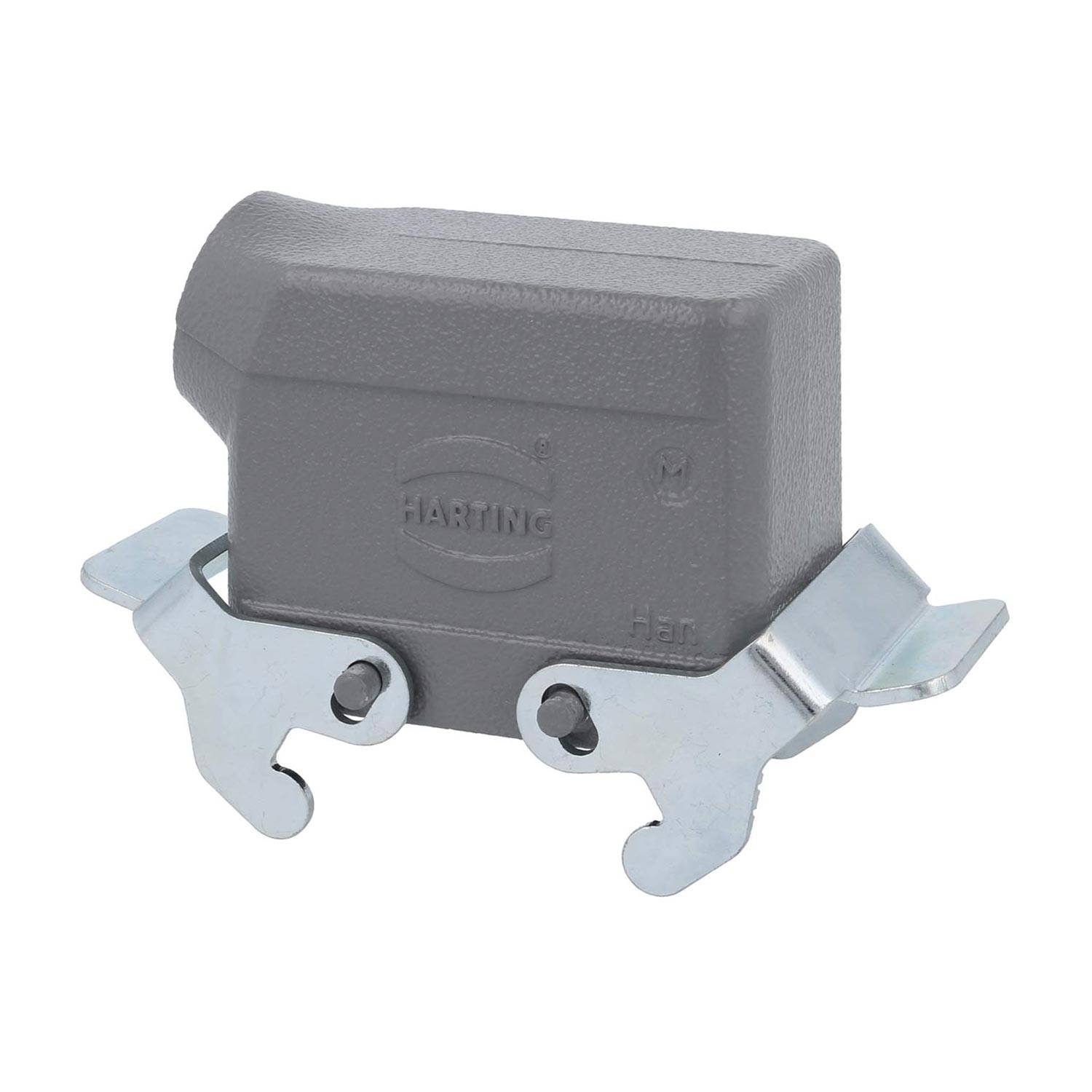 Ein grau-metallfarbenes Harting-Industriesteckverbindergehäuse mit metallischen Verriegelungshebeln an beiden Seiten, entwickelt für sichere und dauerhafte elektrische Verbindungen.