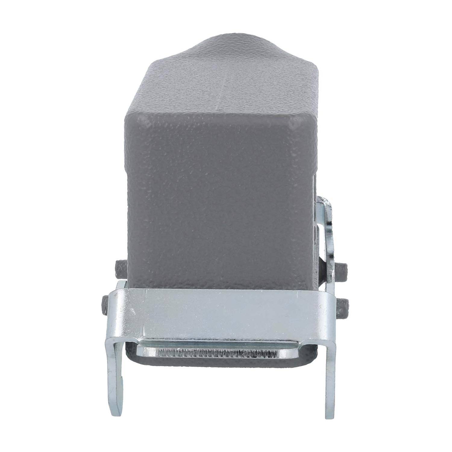 Ein grauer rechteckiger industrieller Schalter mit einer Metallbefestigungshalterung, von der Seite betrachtet.