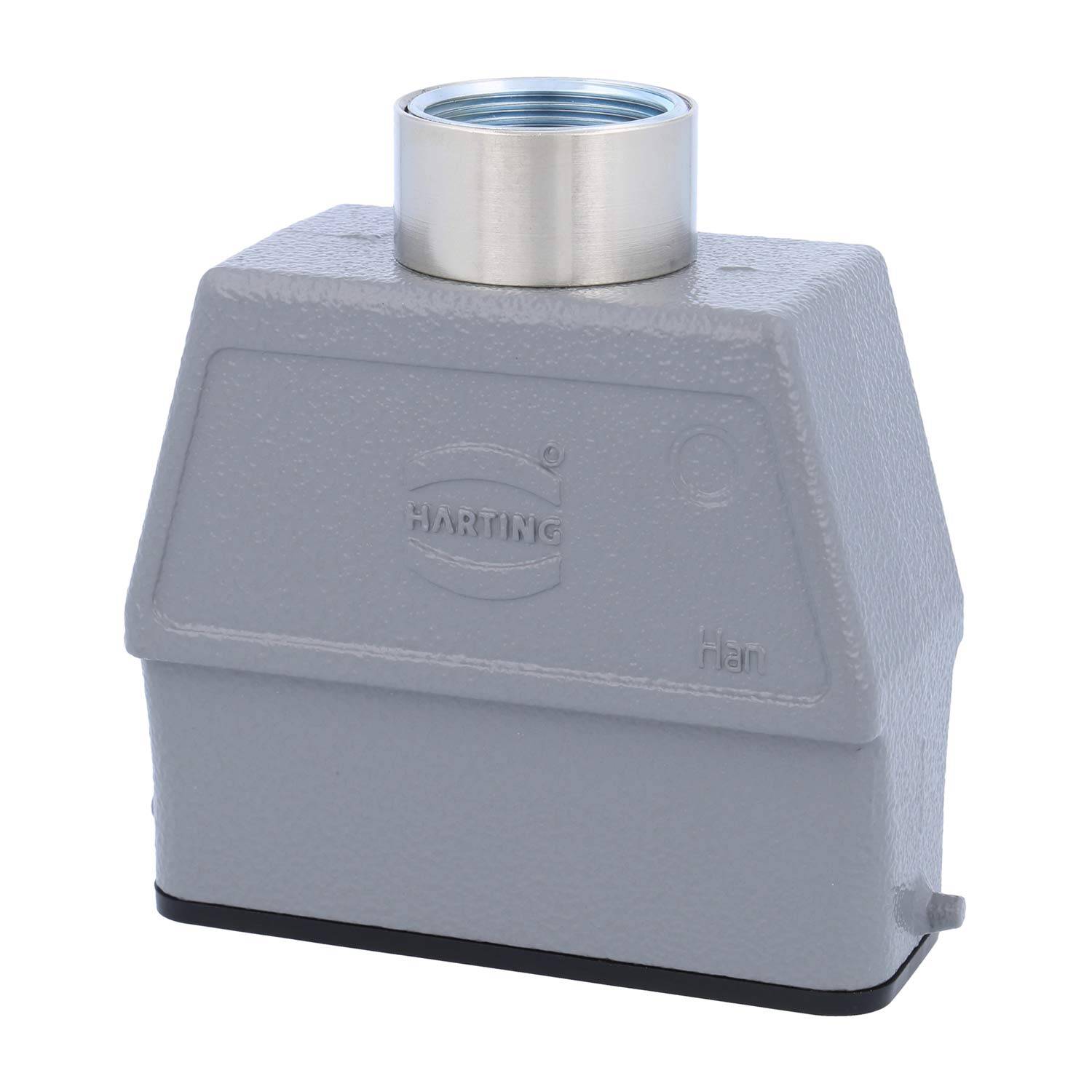 Ein grau-industrielles Anschlussgehäuse mit einer kreisförmigen Öffnung oben und der Aufschrift 'HARTING' auf der Vorderseite. Geeignet für robuste industrielle Anwendungen.