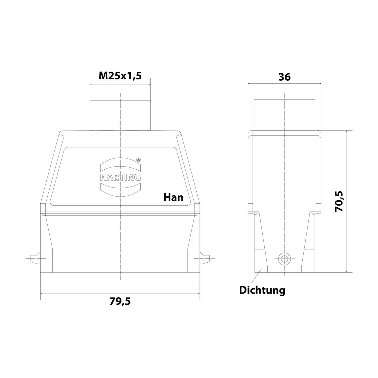 Technische Zeichnung eines rechteckigen Anschlussgehäuses mit einem oberen M25x1,5-Gewinde, gekennzeichnet als Han. Die Abmessungen betragen 79,5 mm Breite, 70,5 mm Höhe und 36 mm Tiefe. Mit dem Vermerk Dichtung.